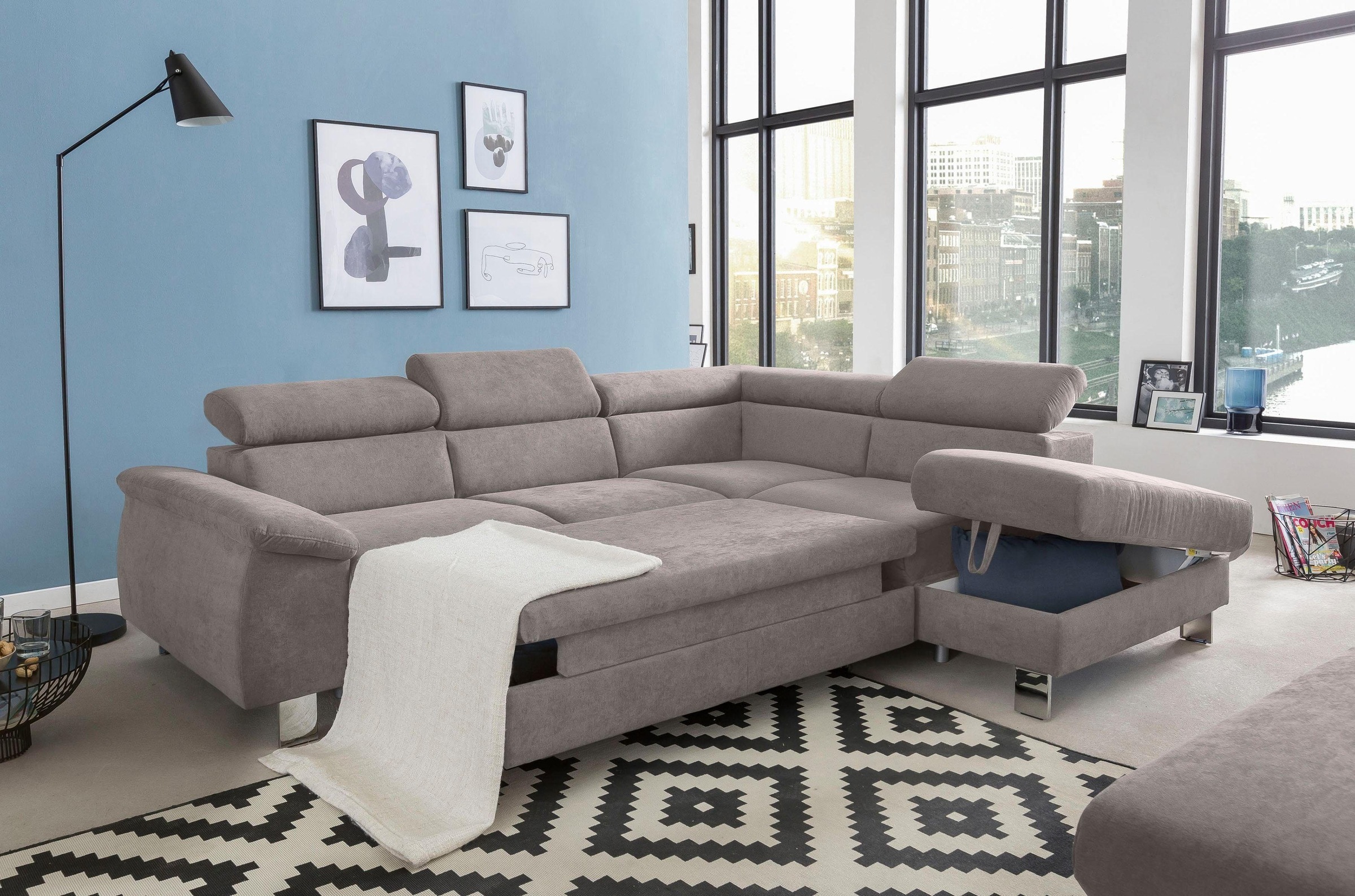 COTTA Polstergarnitur »Komaris L-Form, B: 249 bzw. 100 cm (Set: Ecksofa & Hocker)«, (Set), mit Kopfteilverstellung, optional Bettfunktion, Bettkasten & Licht