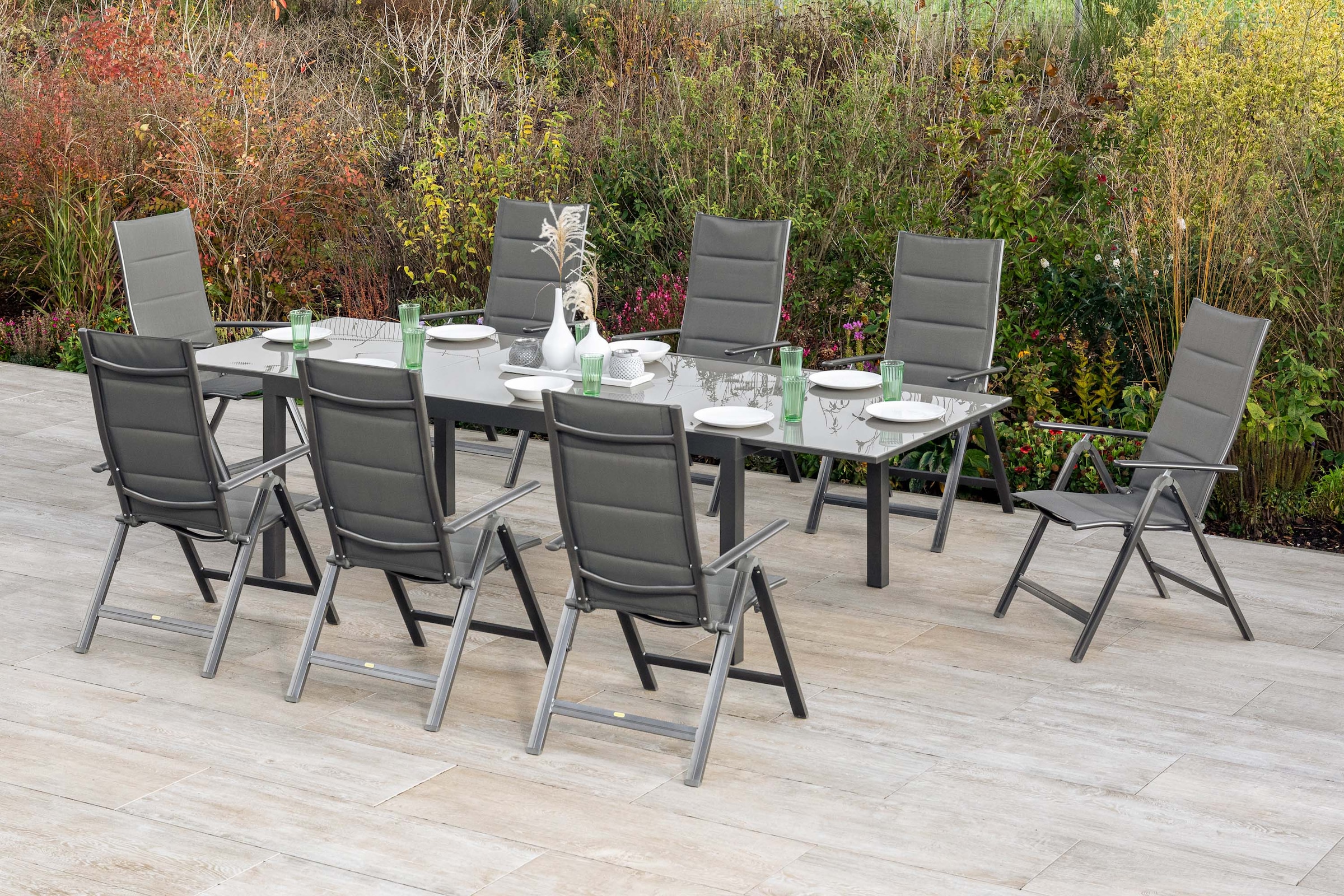MERXX Garten-Essgruppe »Taviano« Set, 9 Stk. tlg. 8 Klappsessel, 5-fach verstellbar, Ausziehtisch
