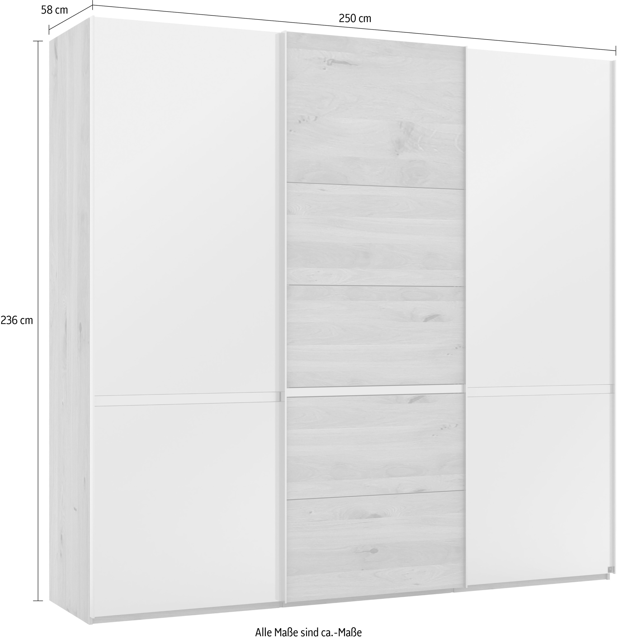 Musterring Schwebetürenschrank »Savona, Kleiderschrank, Schrank, Garderobe, mit Schiebetüren«, (Teilmassiv Bianco-Eiche, mit Spiegel oder Glas, MADE IN GERMANY), Türen Bianco-Eiche massiv, Spiegel-/Glastüren, eingelegte Chromleiste
