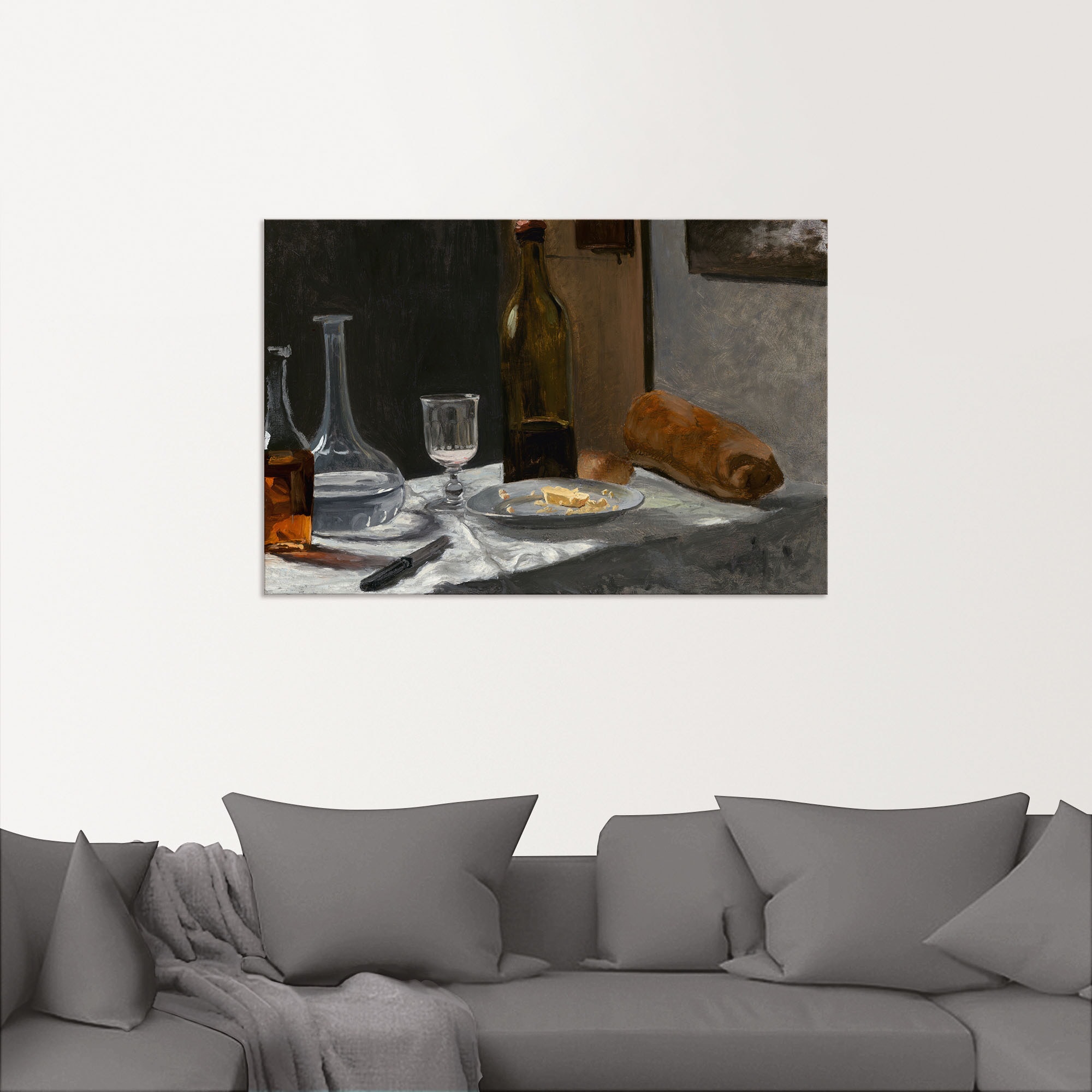 Artland Wandbild »Stillleben Flasche, Karaffe, Brot, Wein«, Arrangements, (1 St.), als Alubild, Leinwandbild, Wandaufkleber oder Poster in versch. Größen