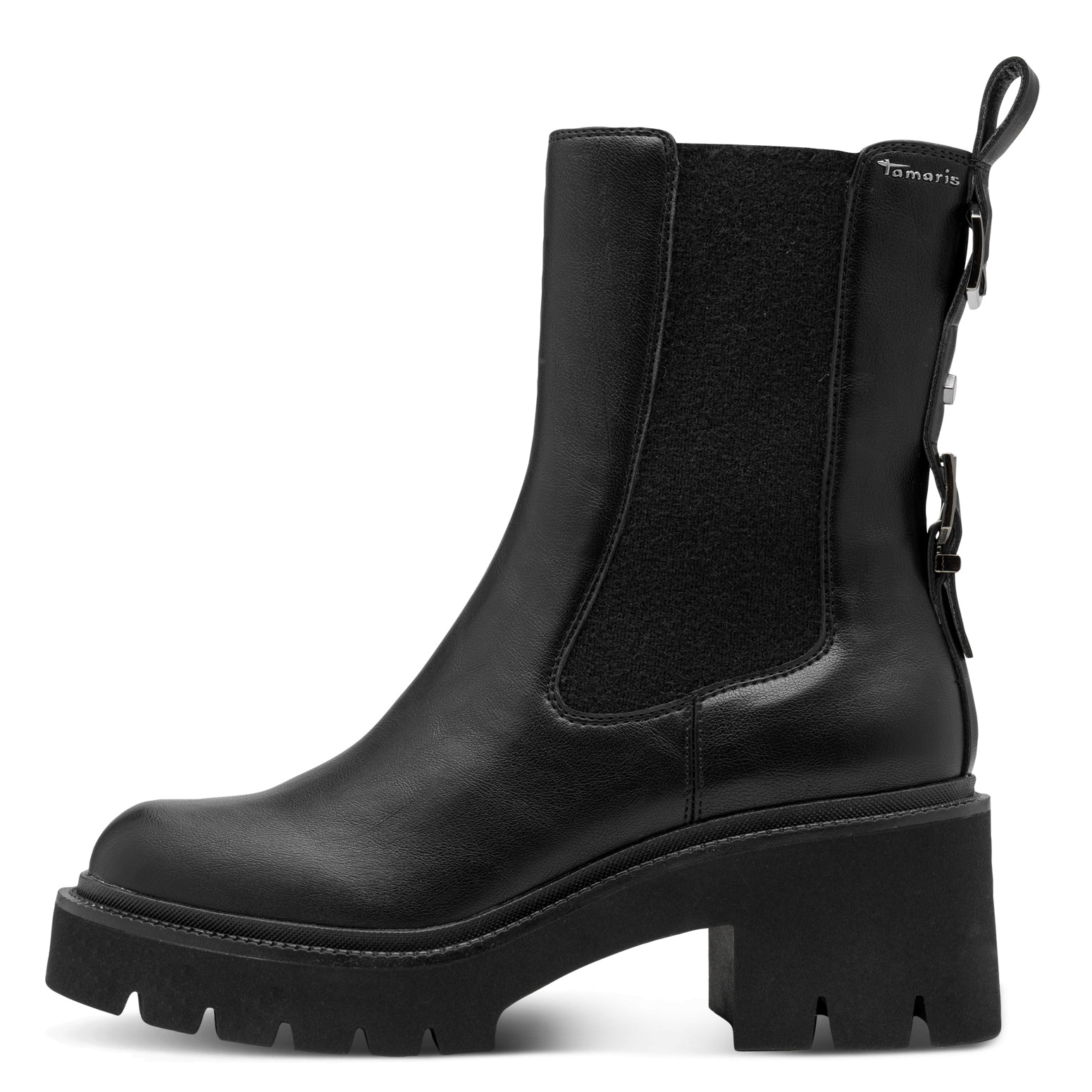 Tamaris Chelseaboots  , Blockabsatz, Stiefelette mit Zierschnallen-Element an der Ferse