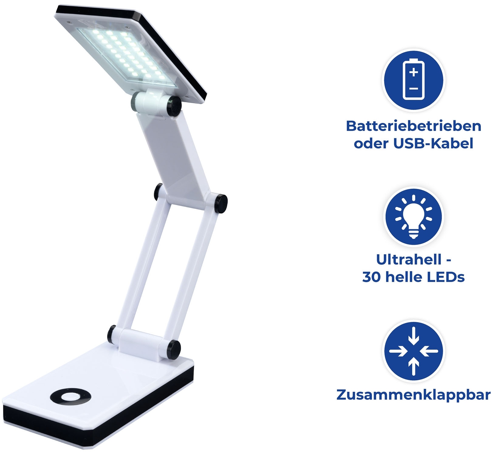 Maximex LED Schreibtischlampe »faltbar«, Leuchtmittel LED-Modul | LED fest integriert, LED Lampe, stufenlos verstellbar, USB-Port oder Batteriebetrieb