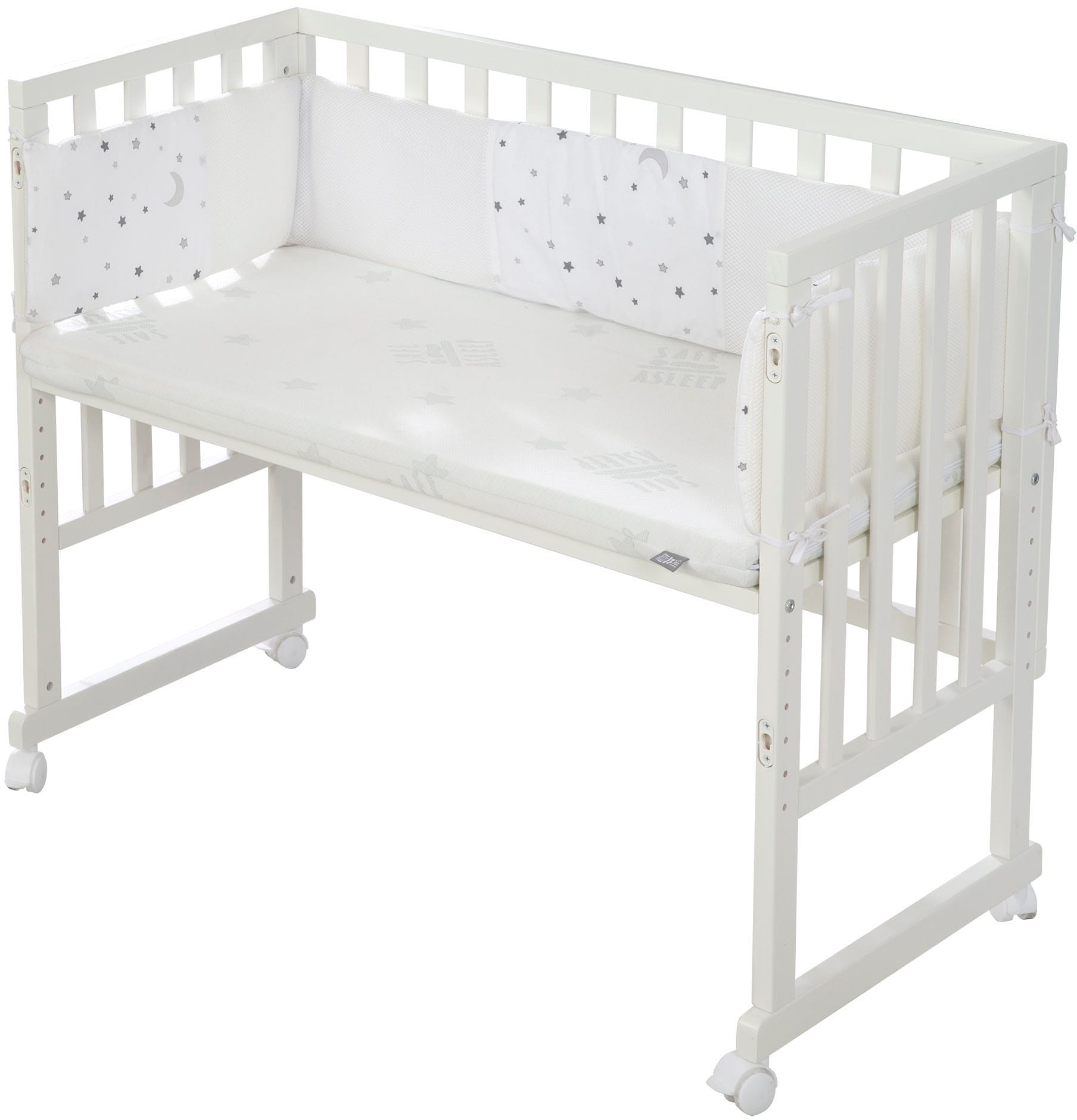 roba® Stubenbett »Safe Asleep® 2in1, weiß, Sternenzauber grau«, mit 4 Rollen, Matratze, Nestchen und Sicherheitsbarriere