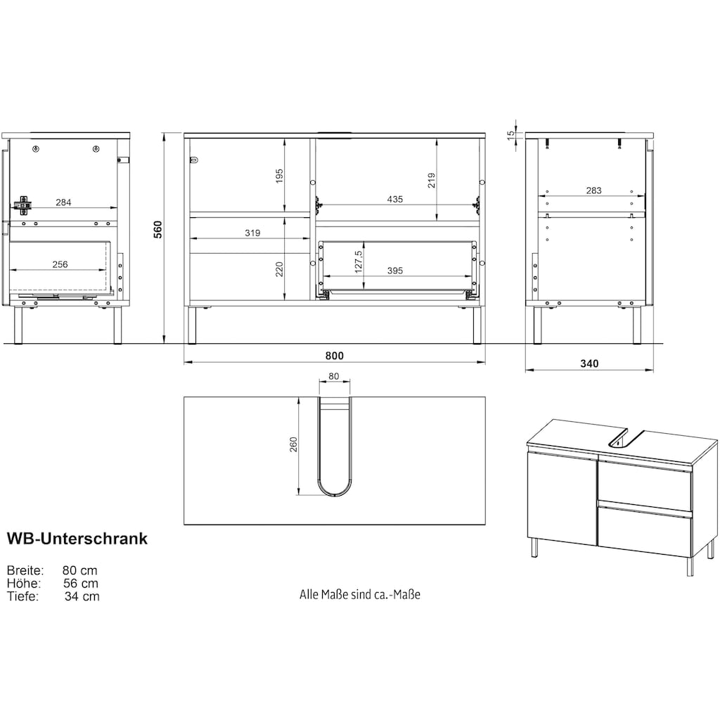GERMANIA Waschbeckenunterschrank »Torrance«, mit verstellbarem Einlegeboden und Füßen aus Metall, griffloses Design