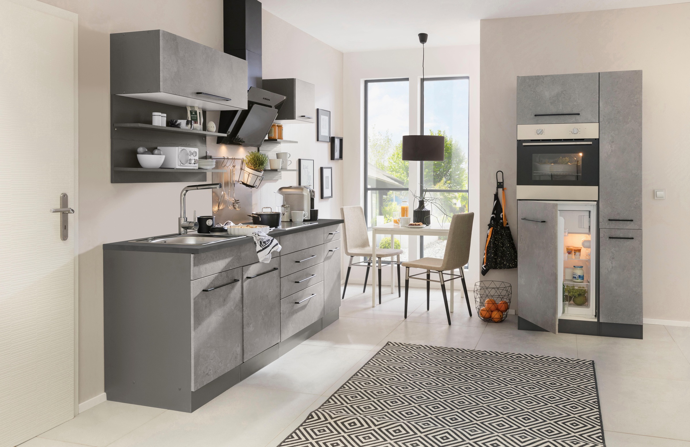 KOCHSTATION Küchenzeile »KS-Tulsa« mit E-Geräten, Breite 320 cm, schwarze Metallgriffe, MDF Fronten