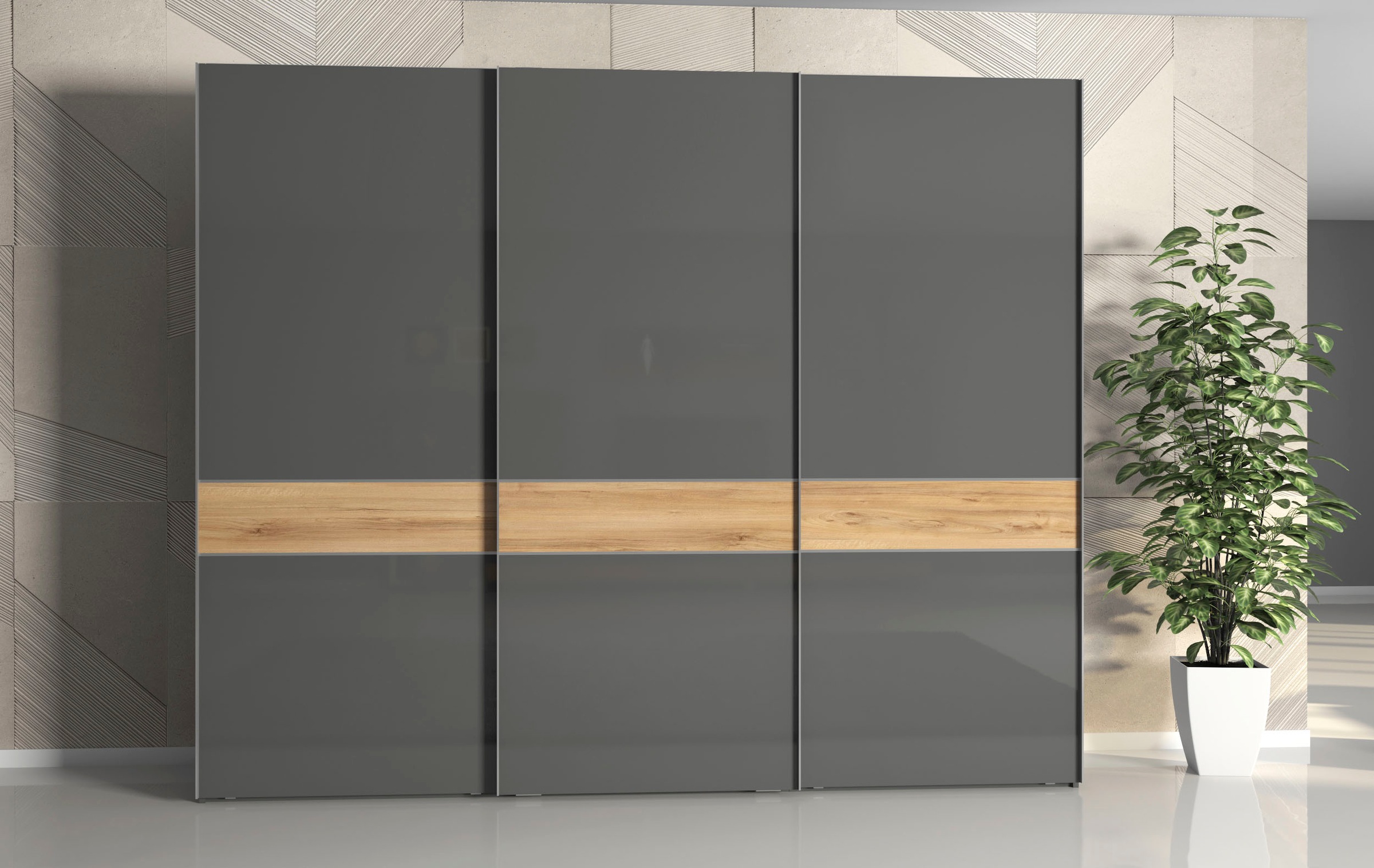 Places of Style Kleiderschrank »Onyx, Schwebetürenschrank inklusive Innenleben, FSC-zertifiziert«, (in 3 Breiten: 182, 230 oder 272cm, Höhe 224cm), UV lackiert, hochglänzend anthrazit, mit Soft-Close Funktion