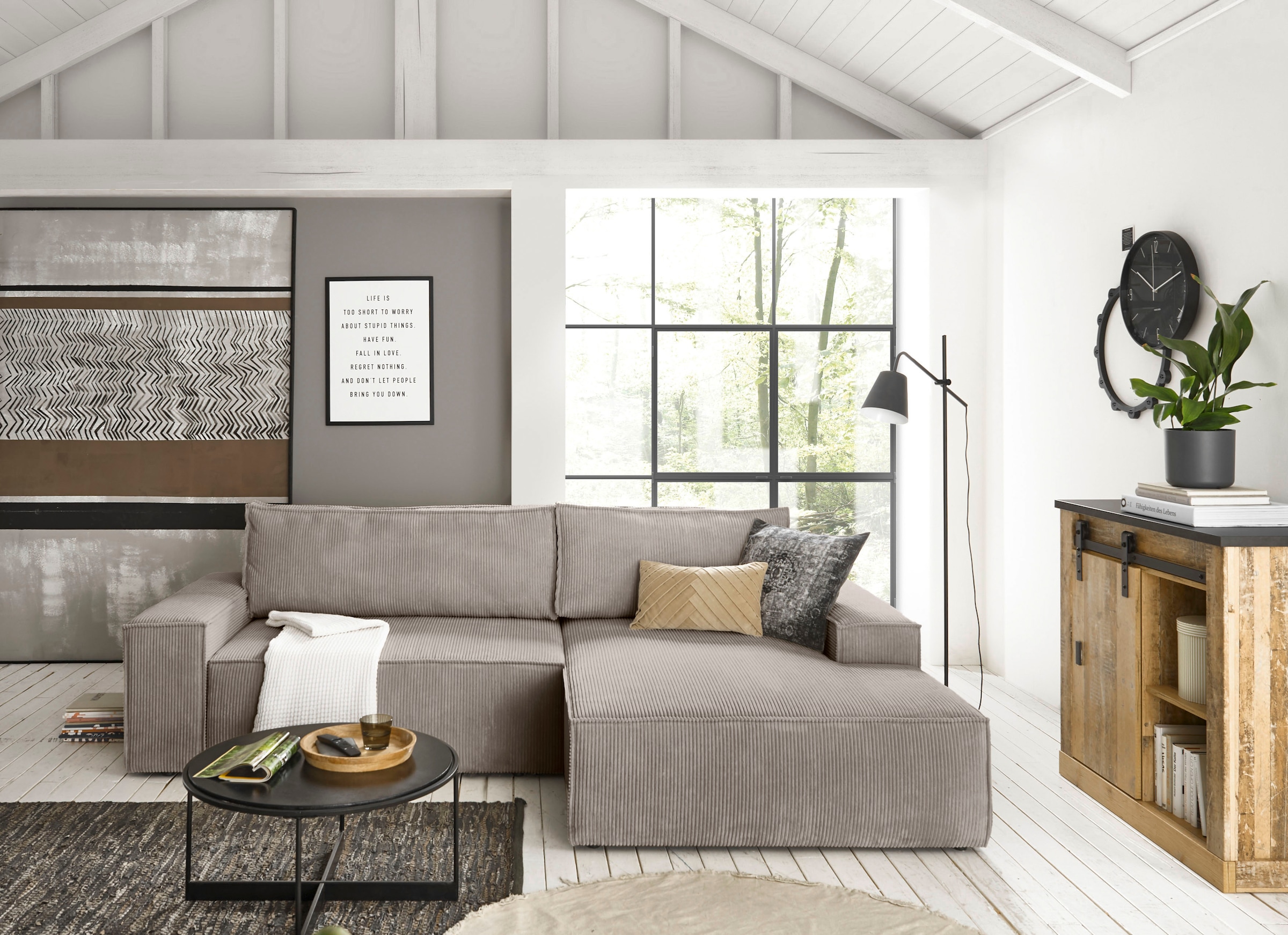 Home affaire Ecksofa »SHERWOOD Schlafsofa 267 cm, L-Form,«, Schlaffunktion mit Bettkasten (210x136 cm), Cord, Vintage, Samtvelours