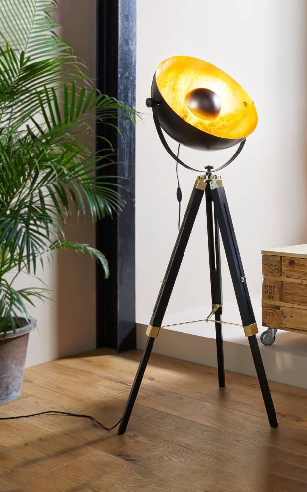 EGLO Stehlampe »COVALEDA Stehlampe, Holz und Stahl, E27, IP20, Industrial, Lampe«, 1 flammig, Leuchtmittel E27 | ohne Leuchtmittel, Stehleuchte, H164 x Ø55 cm, schwarz, messing, gold, 1X60W exkl.