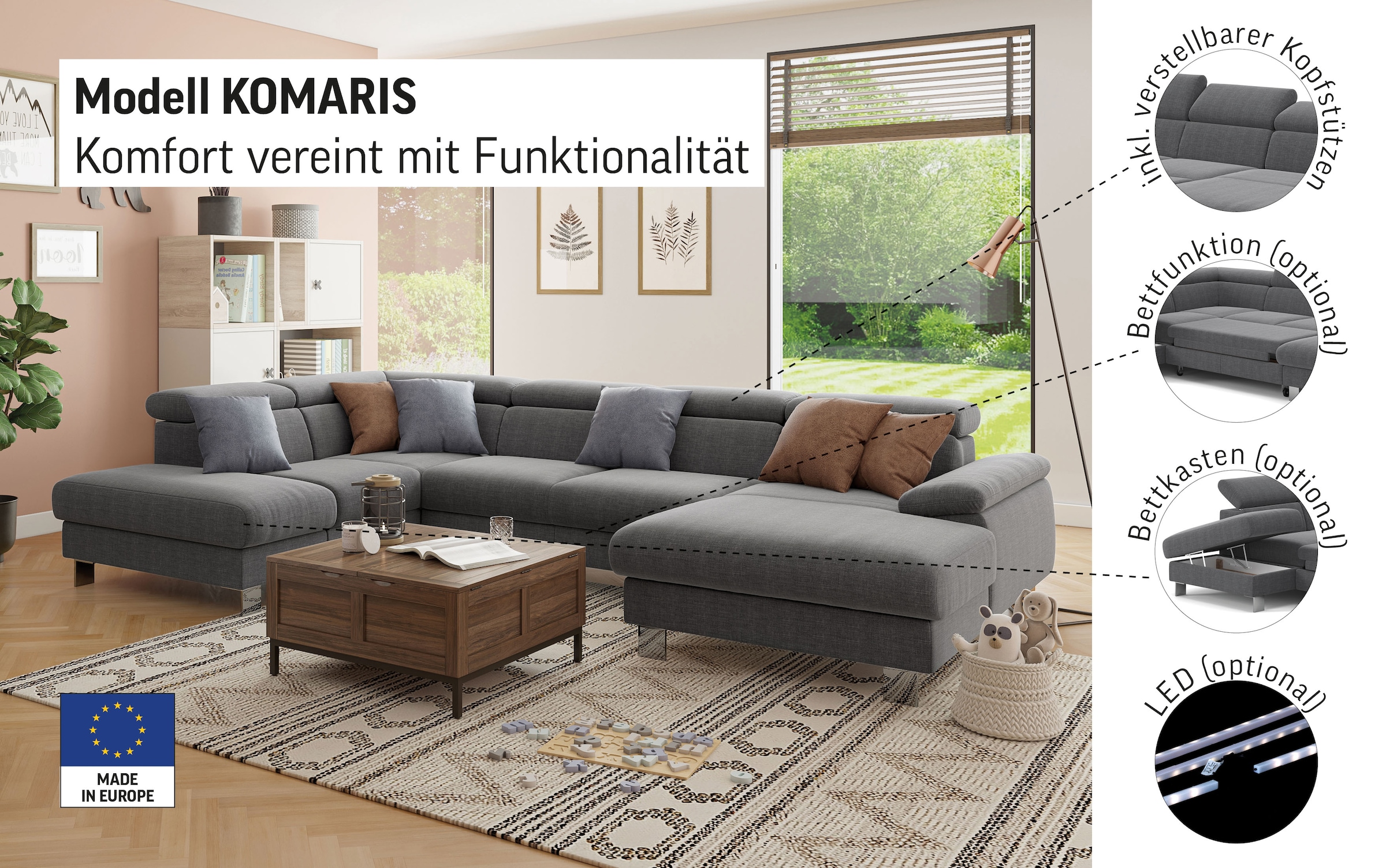 COTTA Wohnlandschaft »Komaris U-Form mit Kopfteilverstellung«, wahlweise mit Bettfunktion, Bettkasten & Beleuchtung