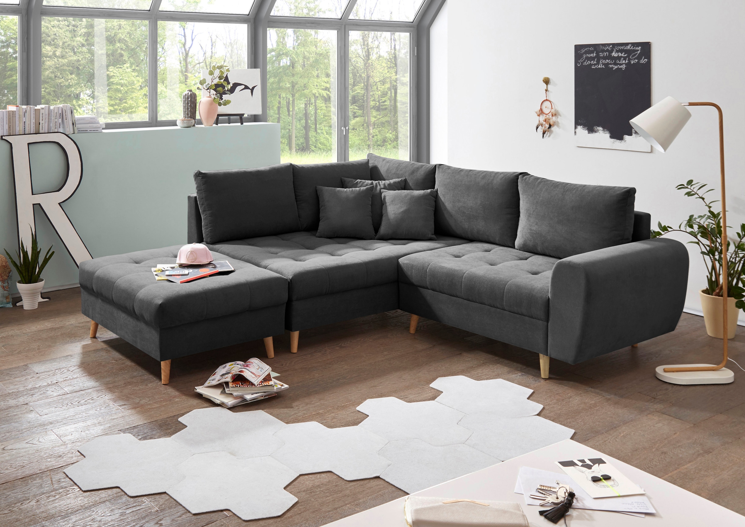 ED EXCITING DESIGN Ecksofa »Alice L-Form« mit Hocker & 3 Zierkissen