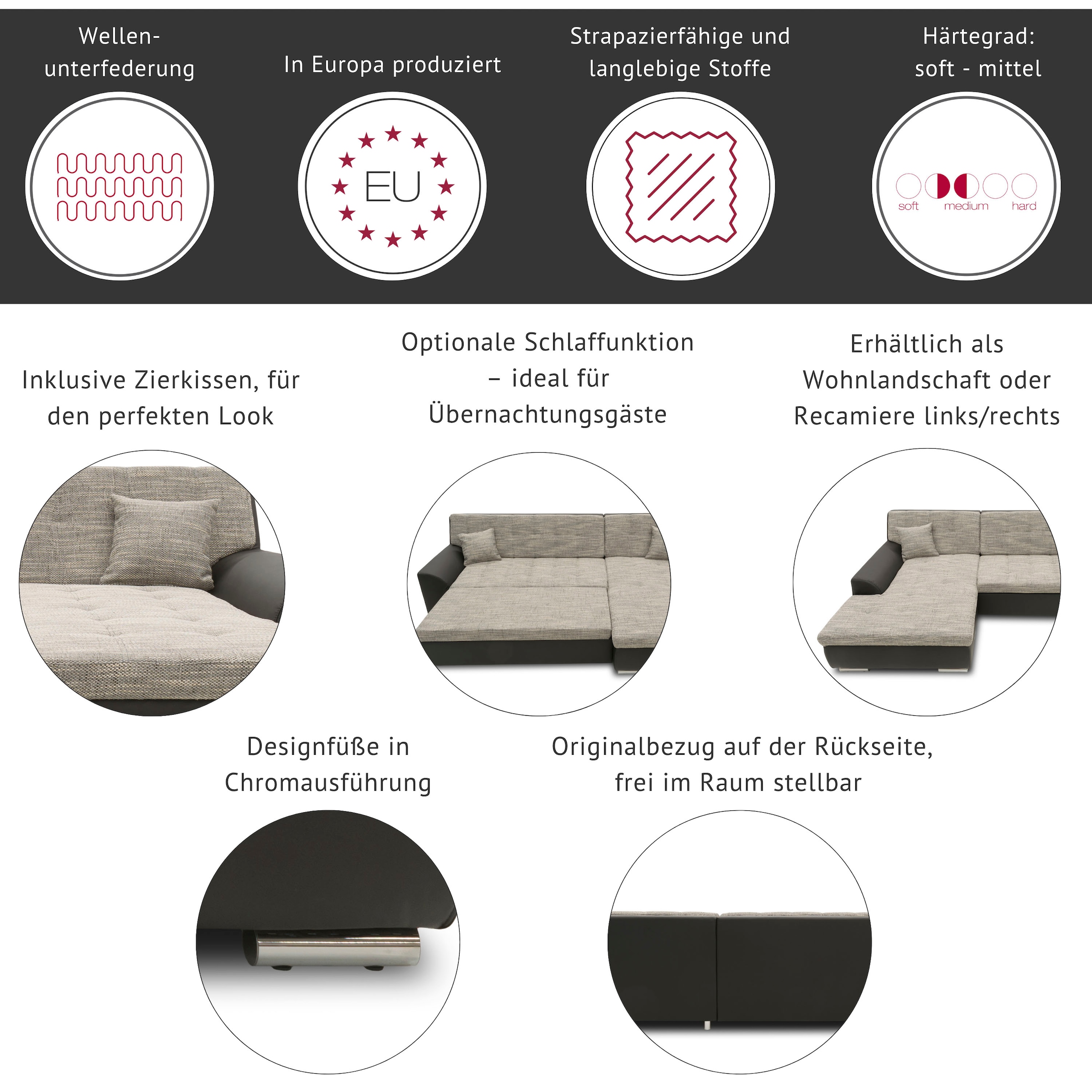 DOMO collection Ecksofa »Brandon große Ausführung B/T/H: 289/177/80 cm, auch in Leder und Cord« ohne Sitztiefenverstellung, Luxus-Microfaser, dunkelgrau