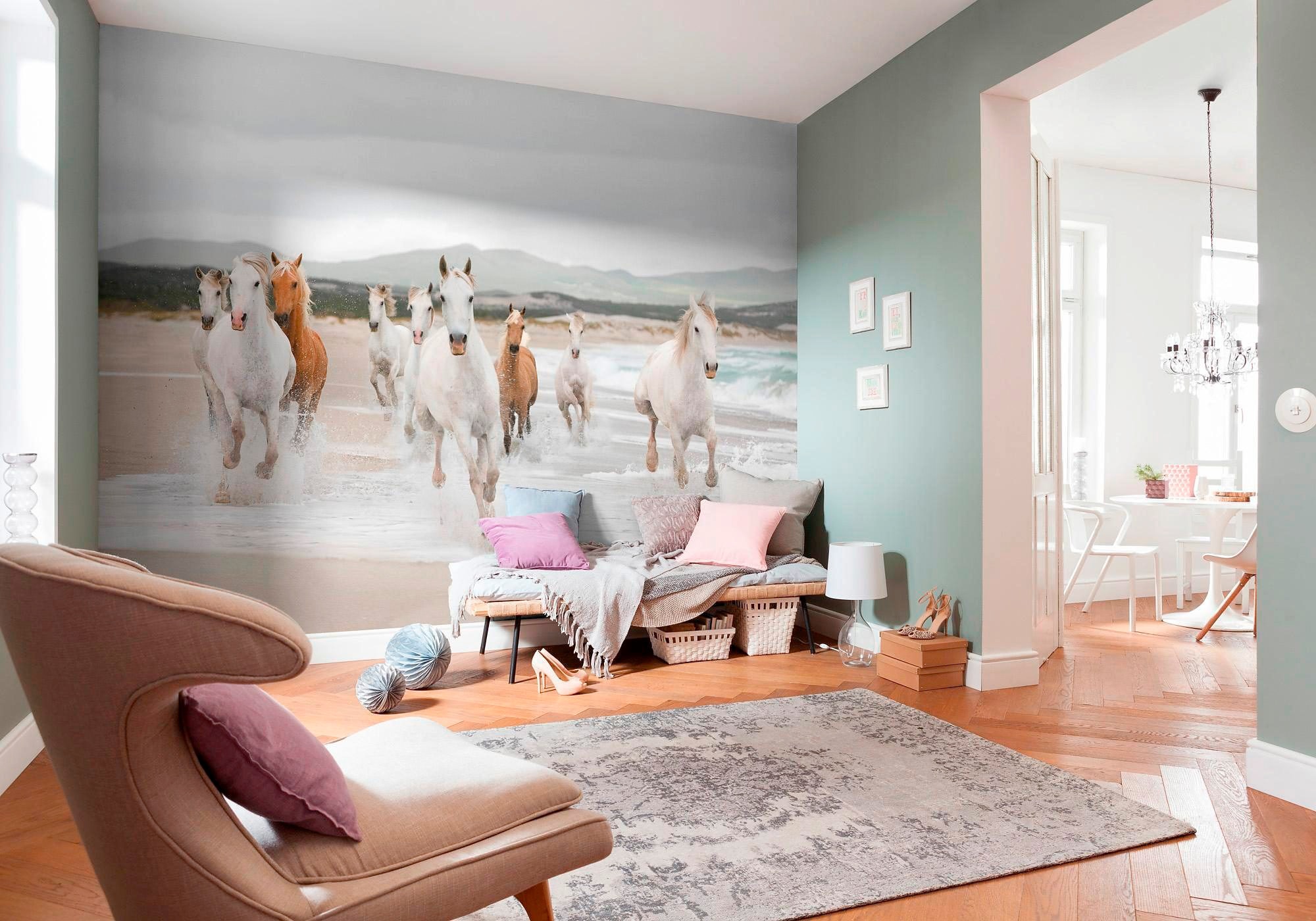 Komar Fototapete »White Horses - Größe 368 x 254 cm«, bedruckt, Wohnzimmer, Schlafzimmer