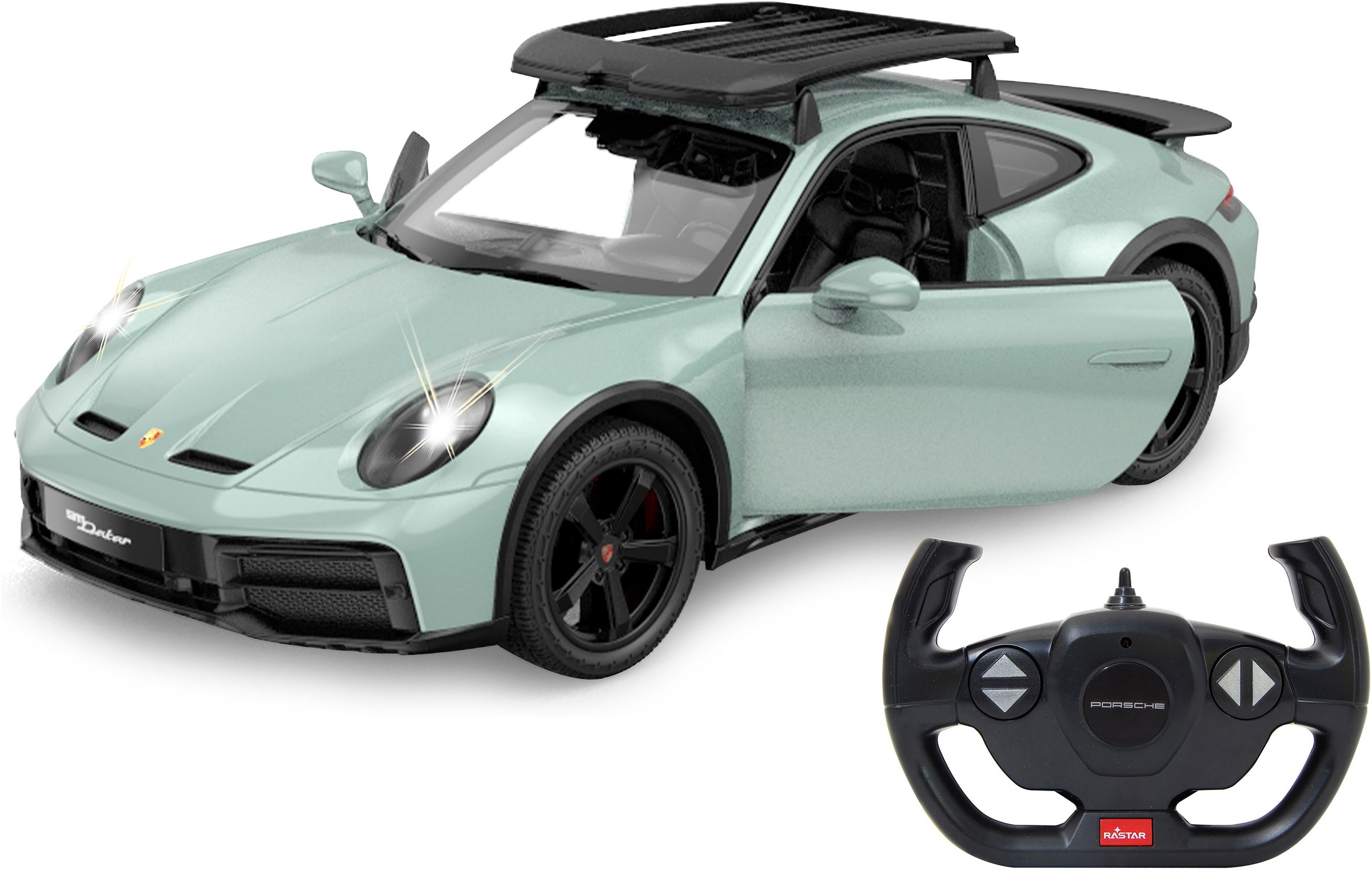 Jamara RC-Auto »Porsche 911 Dakar 1:14 grün schattiert 2,4GHz«, mit LED Licht