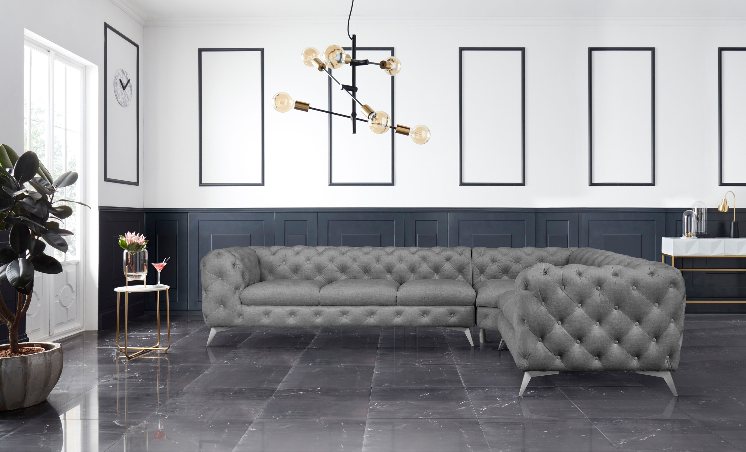 Leonique Chesterfield-Sofa »Ecksofa GLYNIS L-Form mit Wellenunterfederung, Maße B/T/H 323/264/75cm«, aufwändige Knopfheftung, moderne Chesterfield Optik, Fußfarbe wählbar