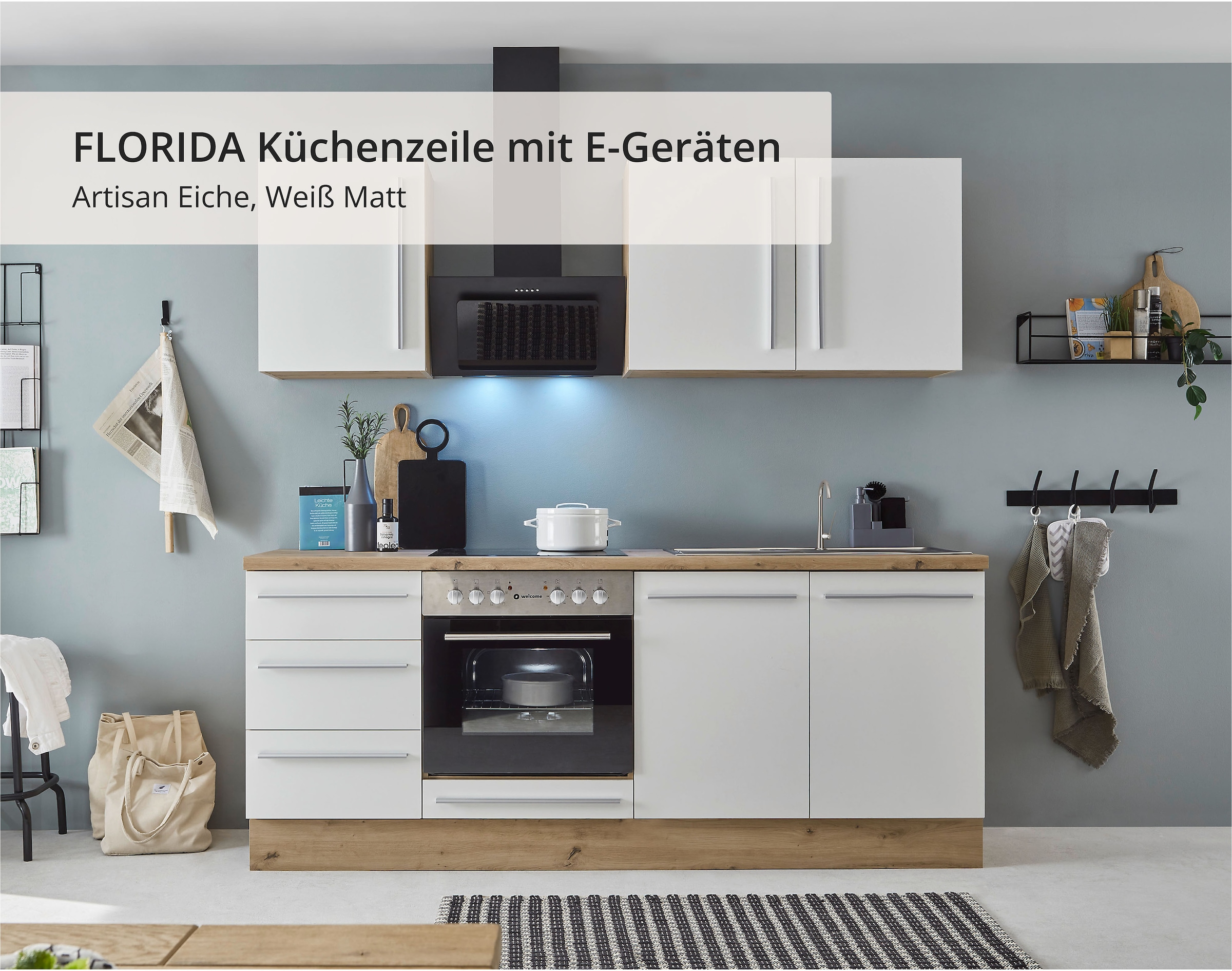 KOCHSTATION Küchenzeile »KS-Florida mit 38mm starker Arbeitsplatte«, Breite 210 cm, wahlweise mit E-Geräten, Soft-Close-Funktion