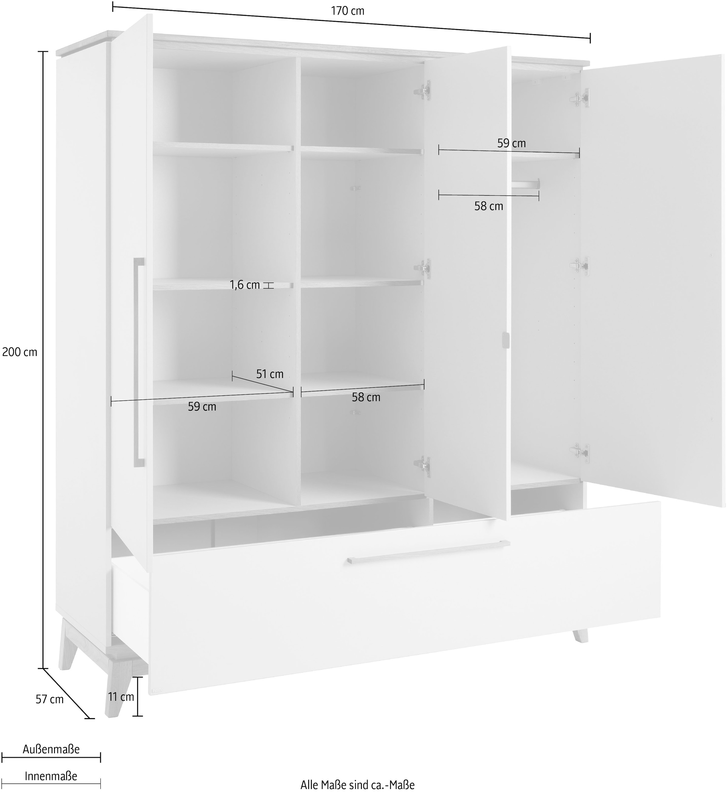 PAIDI Kleiderschrank »STIENE in Beige oder Grau, 3 Türen und 1 Schublade mit Soft-Close« B/H/T ca. 170/200/57cm,  inkl Kleiderstange + Einlegeböden, Kleiderschrank mit Eiche Massivholz