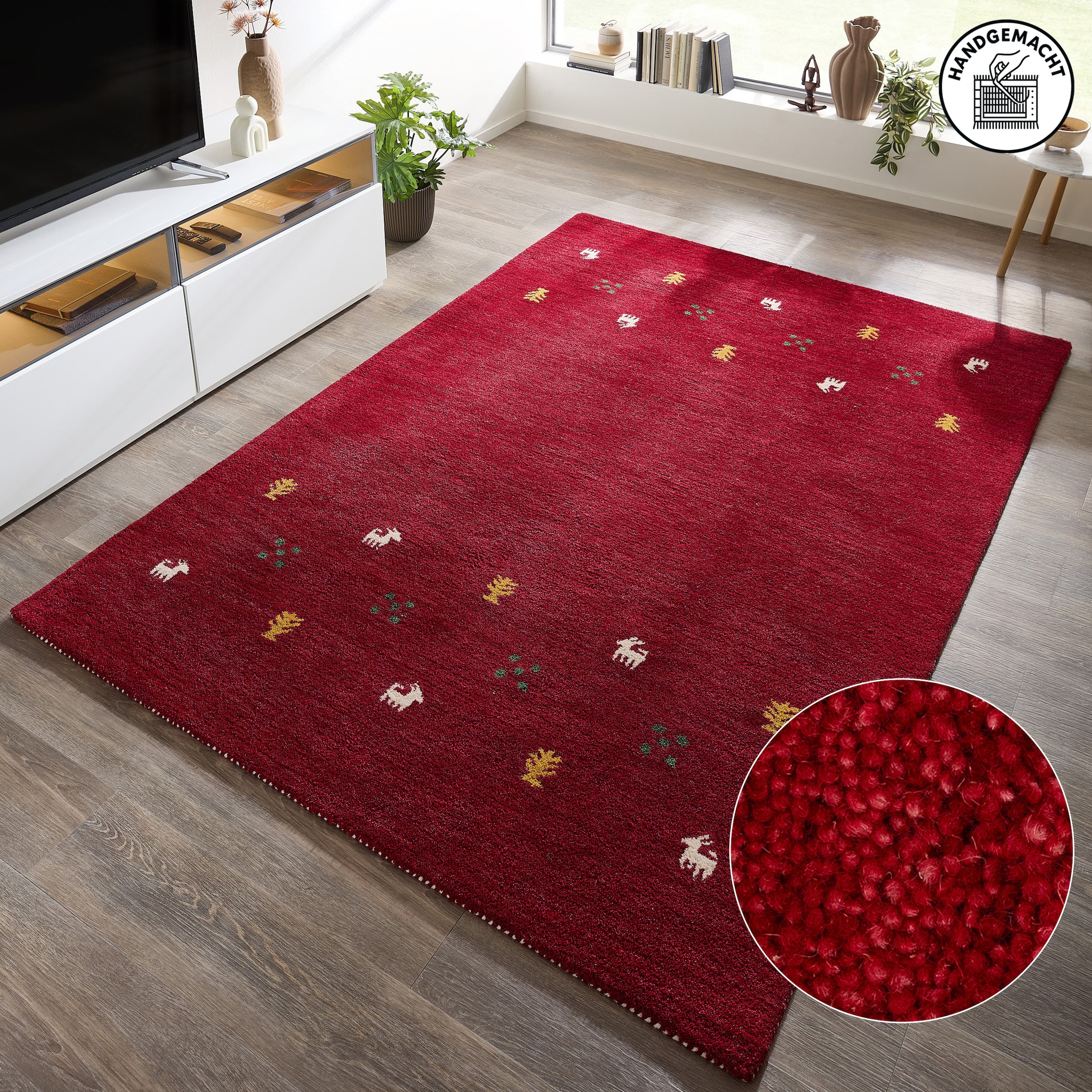 THEKO Wollteppich »Gabbeh Motiv, Handgefertigt, Teppich, Tiermotiv, reine Wolle« rechteckig 14 mm Höhe reine Wolle, Wohnzimmer, Schlafzimmer, Esszimmer