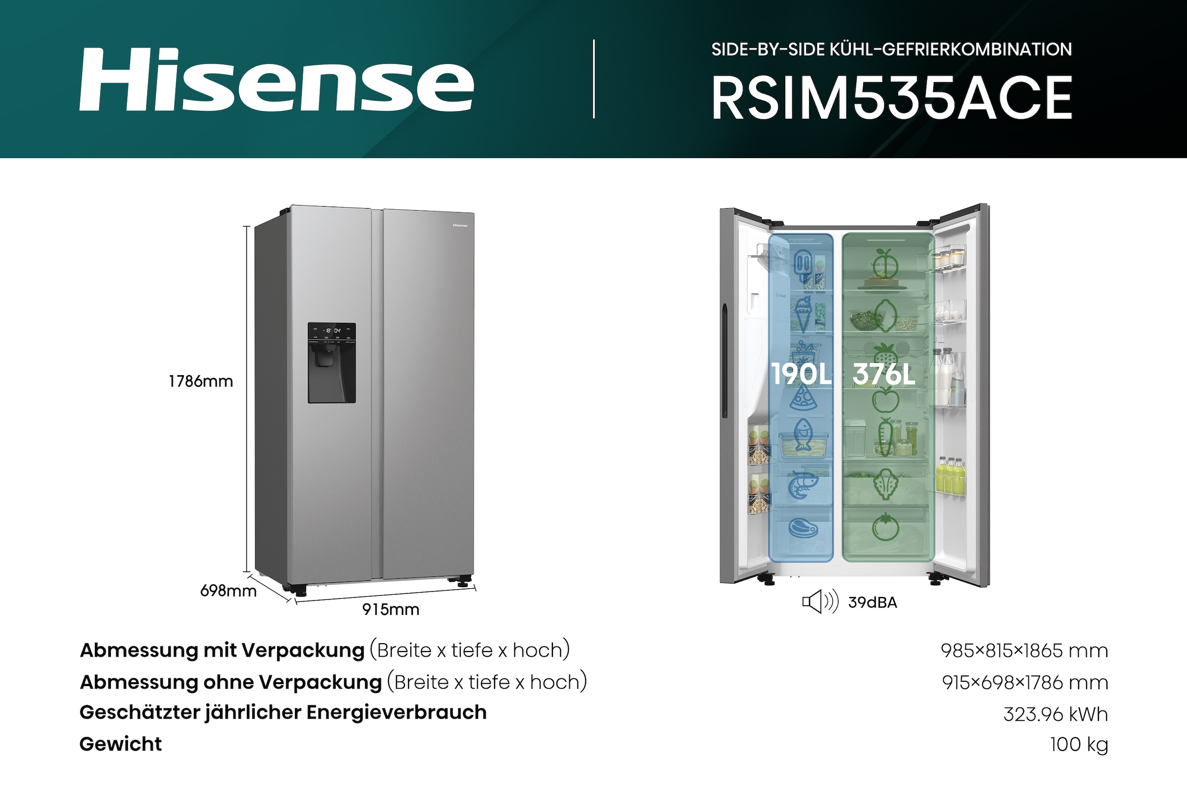 Hisense Side-by-Side »RSIM535ACE«, Wasser-/Eisspender, NoFrost, mit Wassertank, Made in Europe