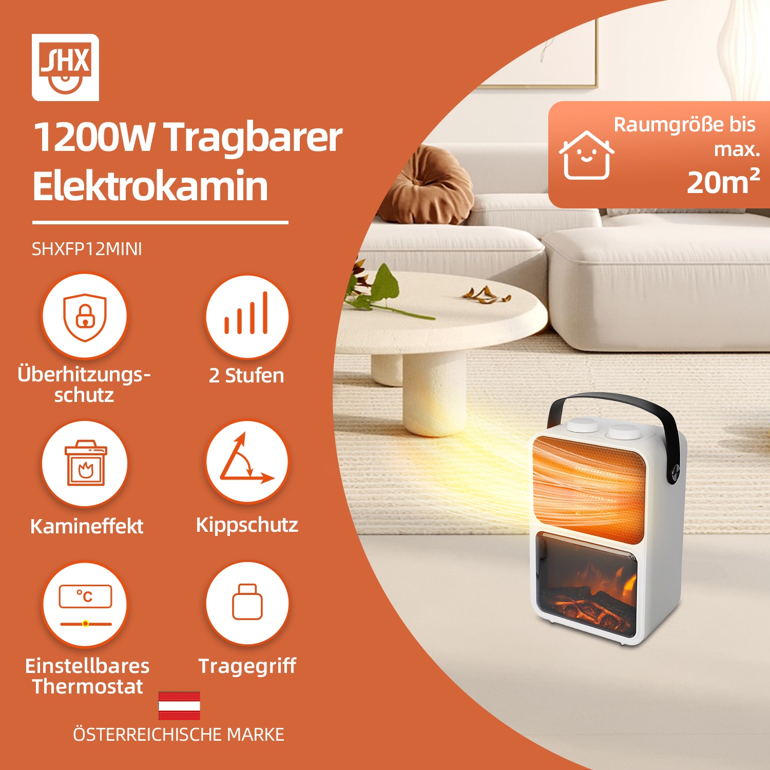 SHX Elektrokamin »Tragbarer Elektrokamin 1200W SHXFP12MINI weiß/schwarz« Flammeneffekt, Thermostat