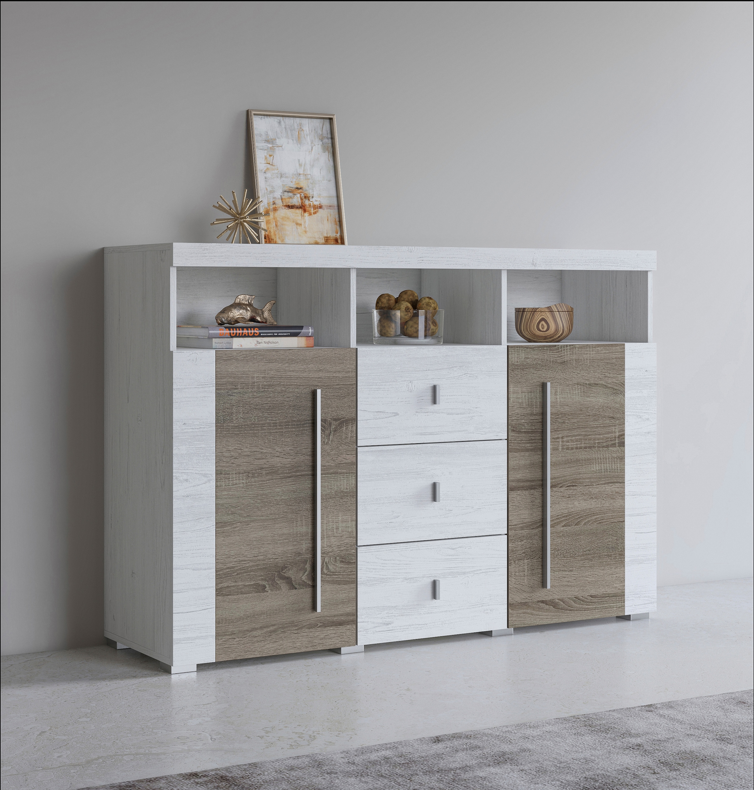 INOSIGN Sideboard »Roger,Breite 132cm, stilvolle Schrank, 2 Holztüren 3 Schubladen«, Kommode mit viel Stauraum, Einlegeböden verstellbar