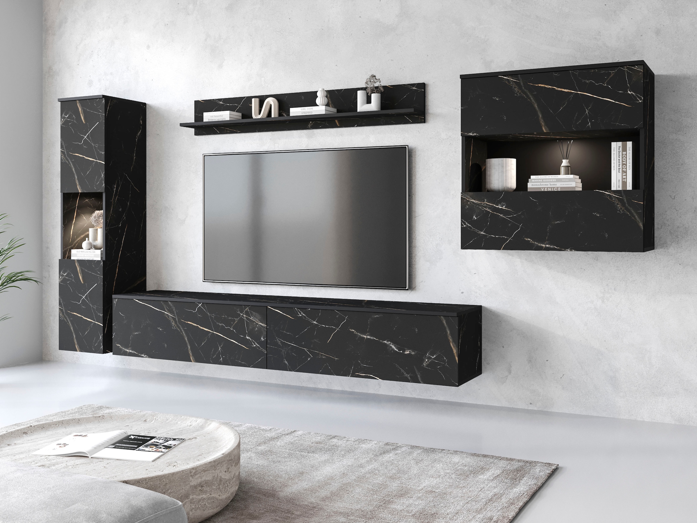 INOSIGN Wohnwand »PARIS, Vitrine Türanschlag links/rechts wechselbar«, (Komplett-Set, 4 St.), grifflose Design, stehend und hängend montierbar