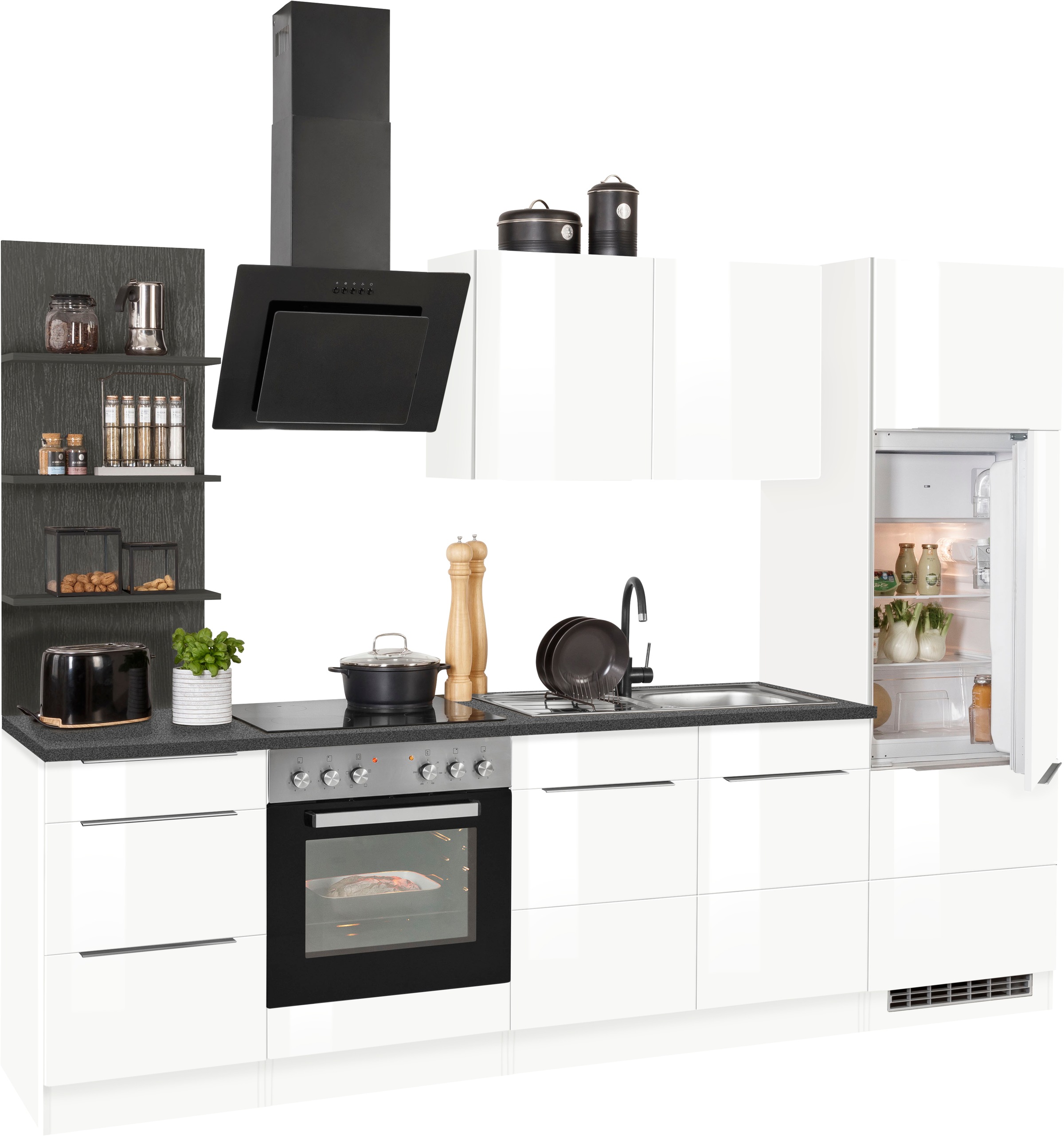 KOCHSTATION Küchenzeile »KS-Brindisi«, Breite 270 cm, wahlweise mit E-Geräten, mit MDF-Fronten und Regal