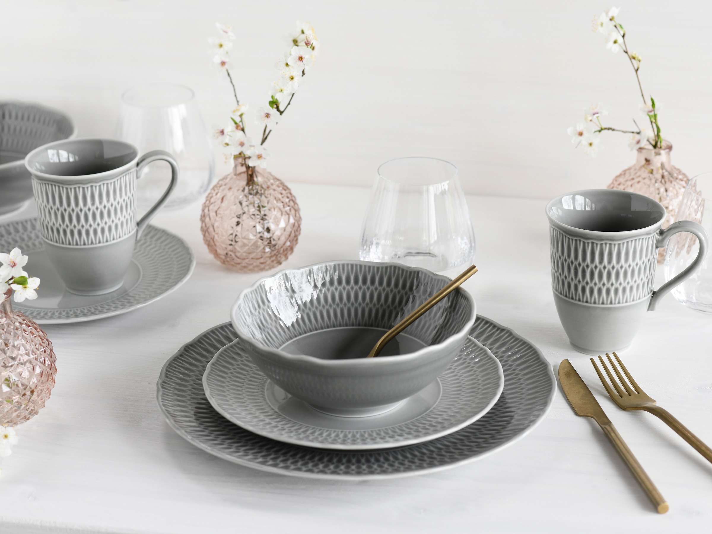 CreaTable Kombiservice »Geschirr-Set Sofia«, (Set, 8 tlg., Kaffeeservice und Tafelservice im Set, für 2 Personen), Service, klassisch elegantes Relief, 8 Teile, für 2 Personen