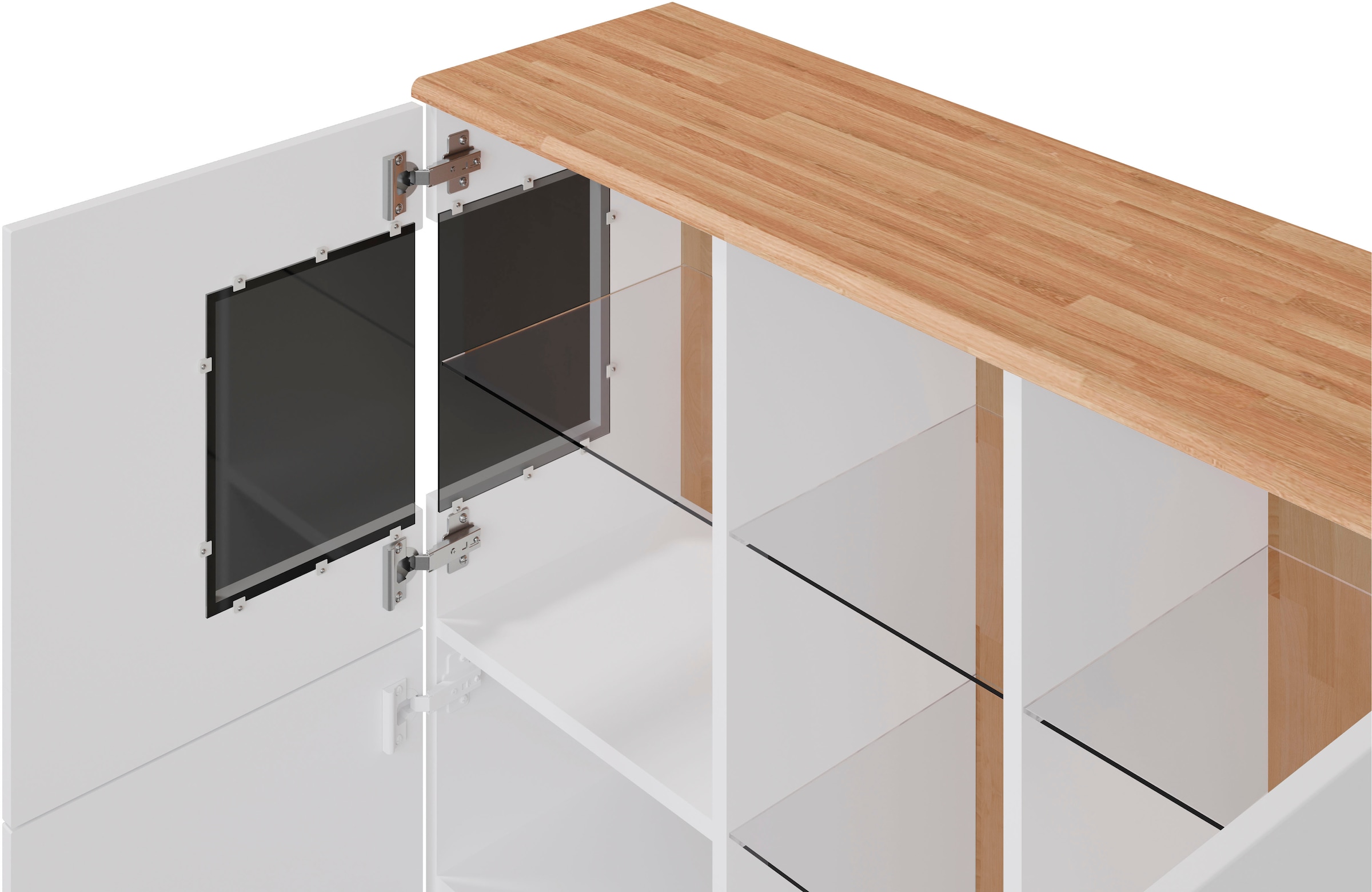 Home affaire Highboard »Ribe,120cm breit,112cm hoch,Oberplatte massiv,12 Fächer«, Oberplatte Massivholz,schwarze Metall Griffe,2 Türen mit Glaseinsatz