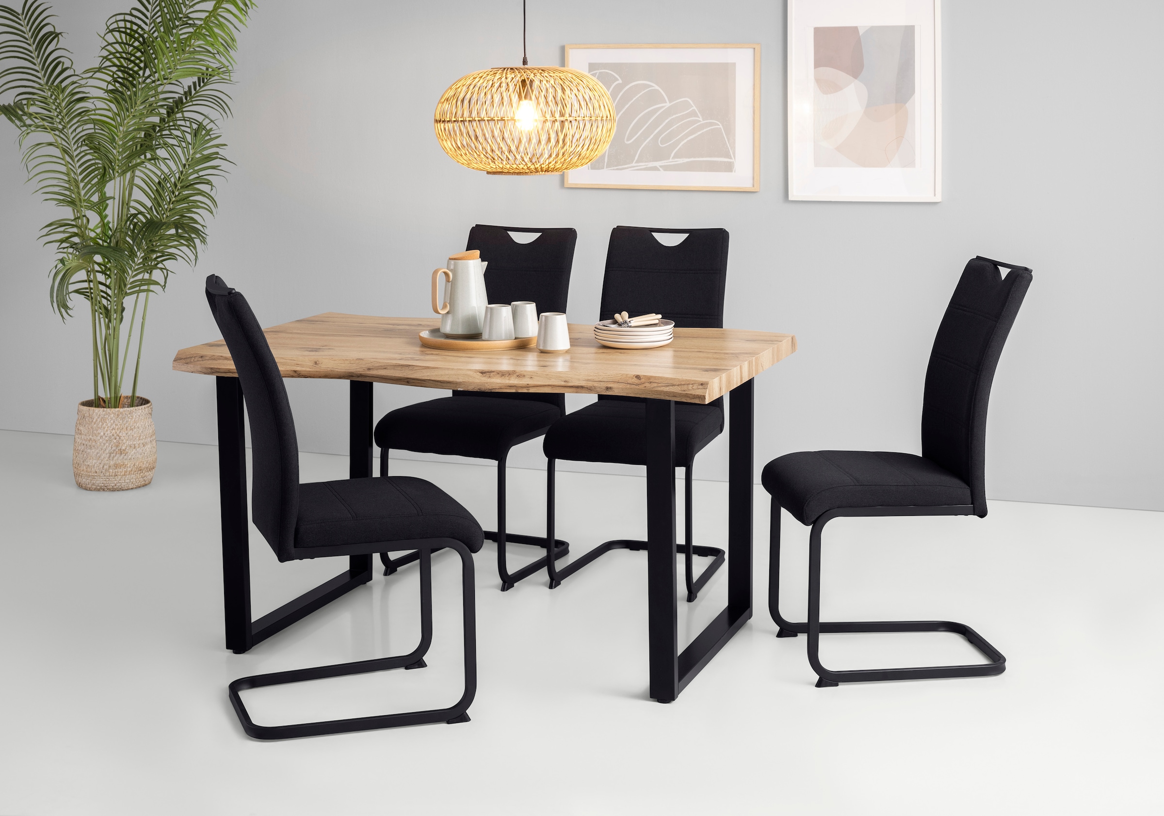 HELA Essgruppe »GISELLE Esszimmer, Essgruppe, Sitzgruppe TOPSELLER!«, (Set, 5 tlg., 5er Set, Tisch plus 4 Stühle), Esstisch U-Gestell Metall, Tischplatte mit Baumkante