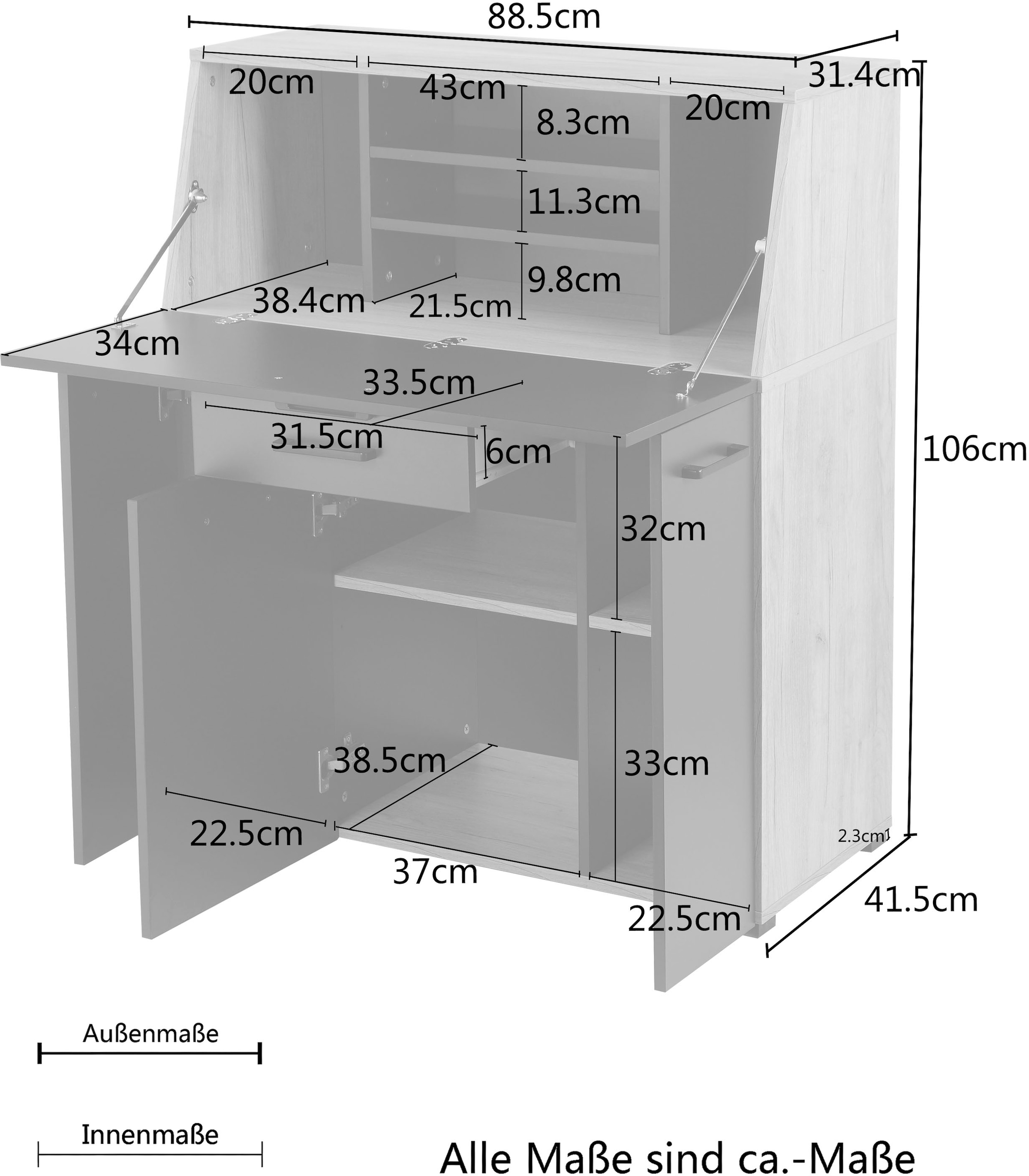 Places of Style Sekretär »Moid, Home-Office-Schreibtisch,«, viele Stauraummöglichkeiten, kompaktes & modernes Design, B. 88,5 cm