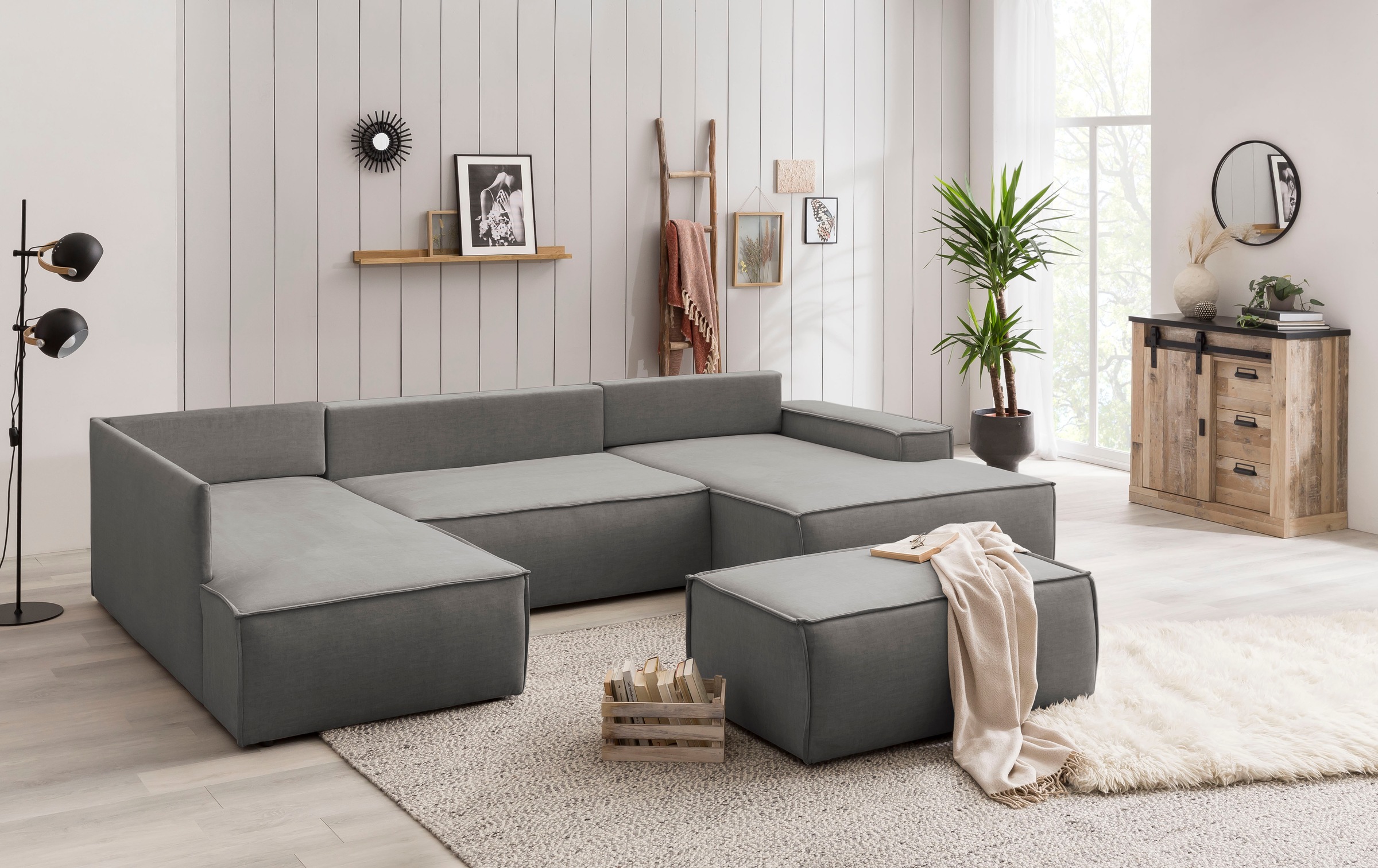 Home affaire Wohnlandschaft »SHERWOOD 329 cm, U-Form, Schlafsofa,«, Schlaffunktion m. Bettkasten (194x139 cm), Cord, Vintage, Samtvelours