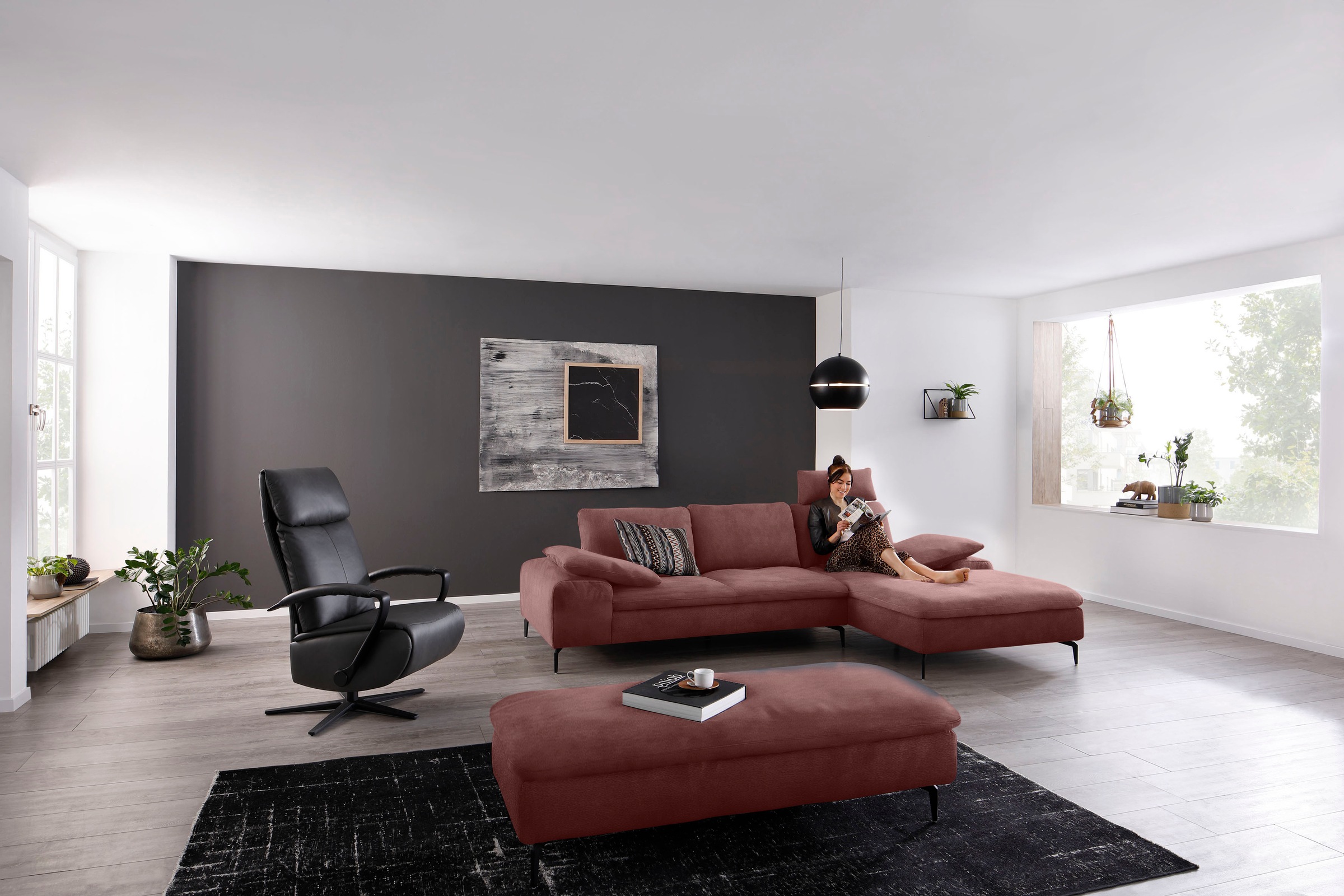W.SCHILLIG Ecksofa »valentinoo, Designsofa, bequem, elegant und zeitlos, L-Form«, (Set), inklusive Hocker, mit Sitztiefenverstellung, Breite 299 cm