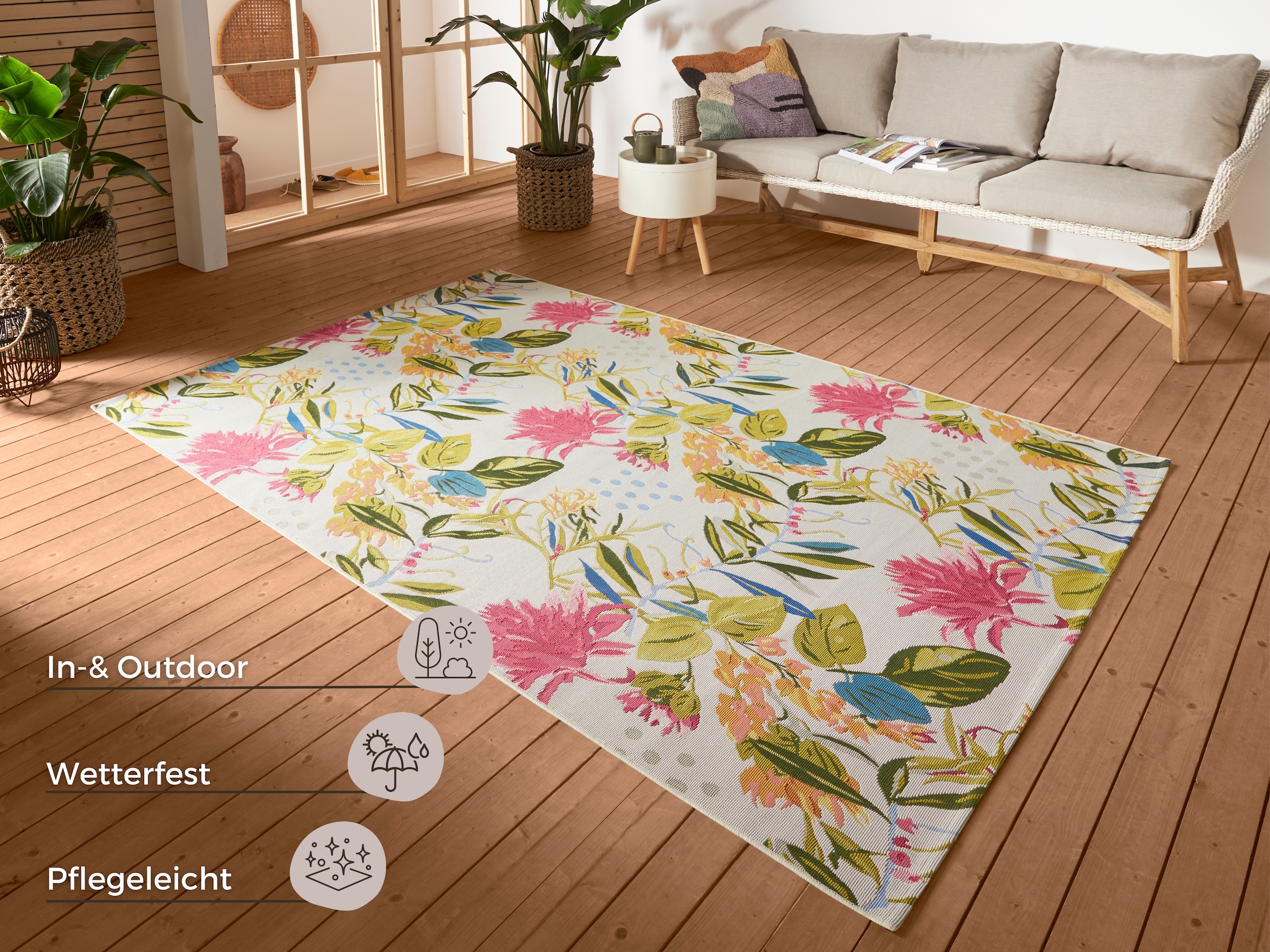 HANSE Home Outdoorteppich »Flowers and Leaves«, rechteckig, 3 mm Höhe, In-& Outdoor, Teppich, Wetterfest, Balkon, Garten, Wohnzimmer, Floral