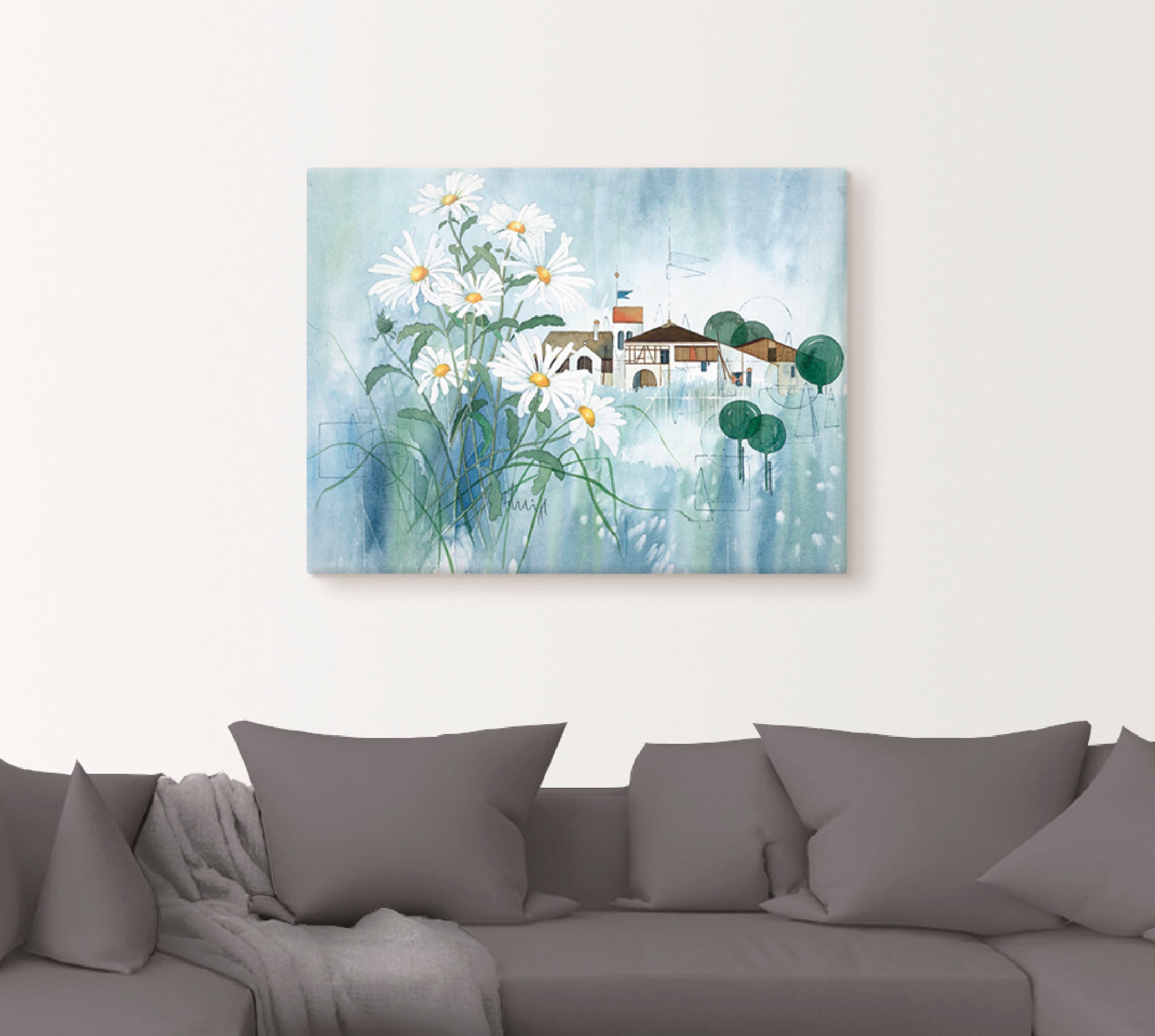 Artland Wandbild »Ansicht mit Margeriten«, Blumen, (1 St.), als Leinwandbild, Wandaufkleber oder Poster in versch. Größen