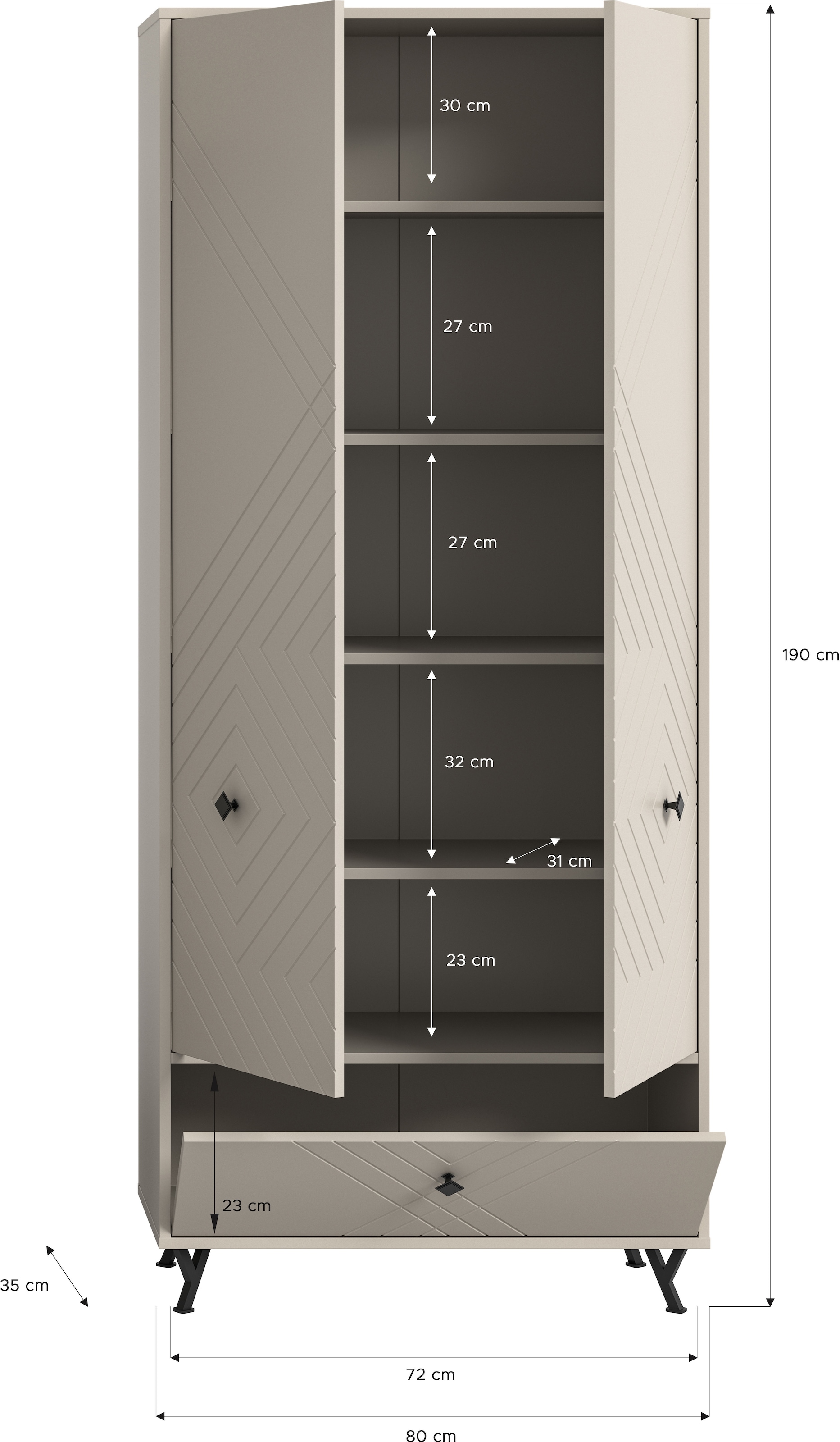 INOSIGN Garderobenschrank »Mento, Höhe 190cm, 2 Türen, 1 Klappe, 4 Einlegeböden, 6 Fächer«, Metall Knopfgriffe & Y-Füße, Front mit Ornamentfräsung, Kleiderschrank