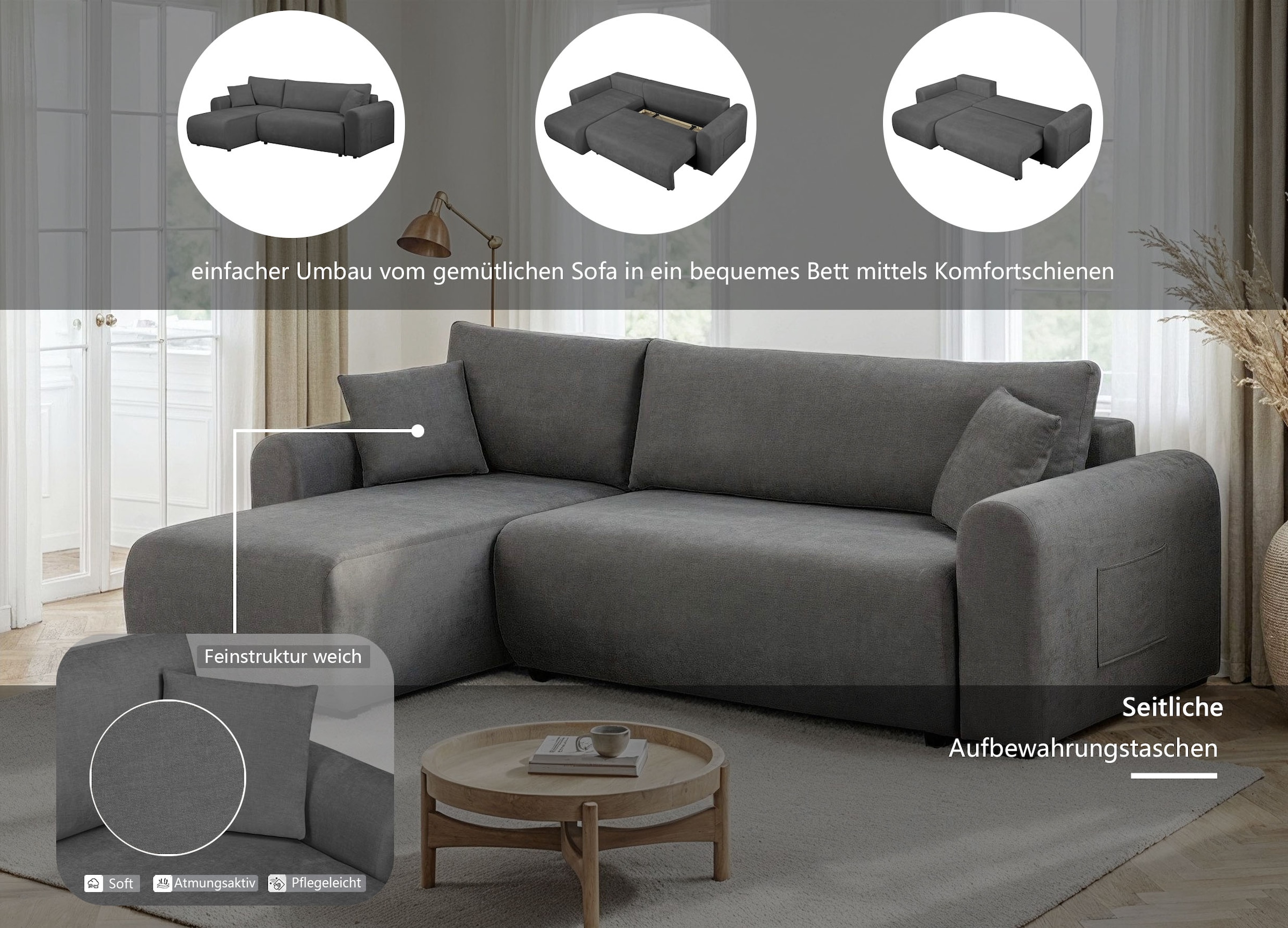 OTTO home Ecksofa »JONAA L-Form, 241cm - OTTO. Verlässliche Qualität.« 133/200cm, Recamiere links/rechts, Bettkasten, Cord u. Struktur