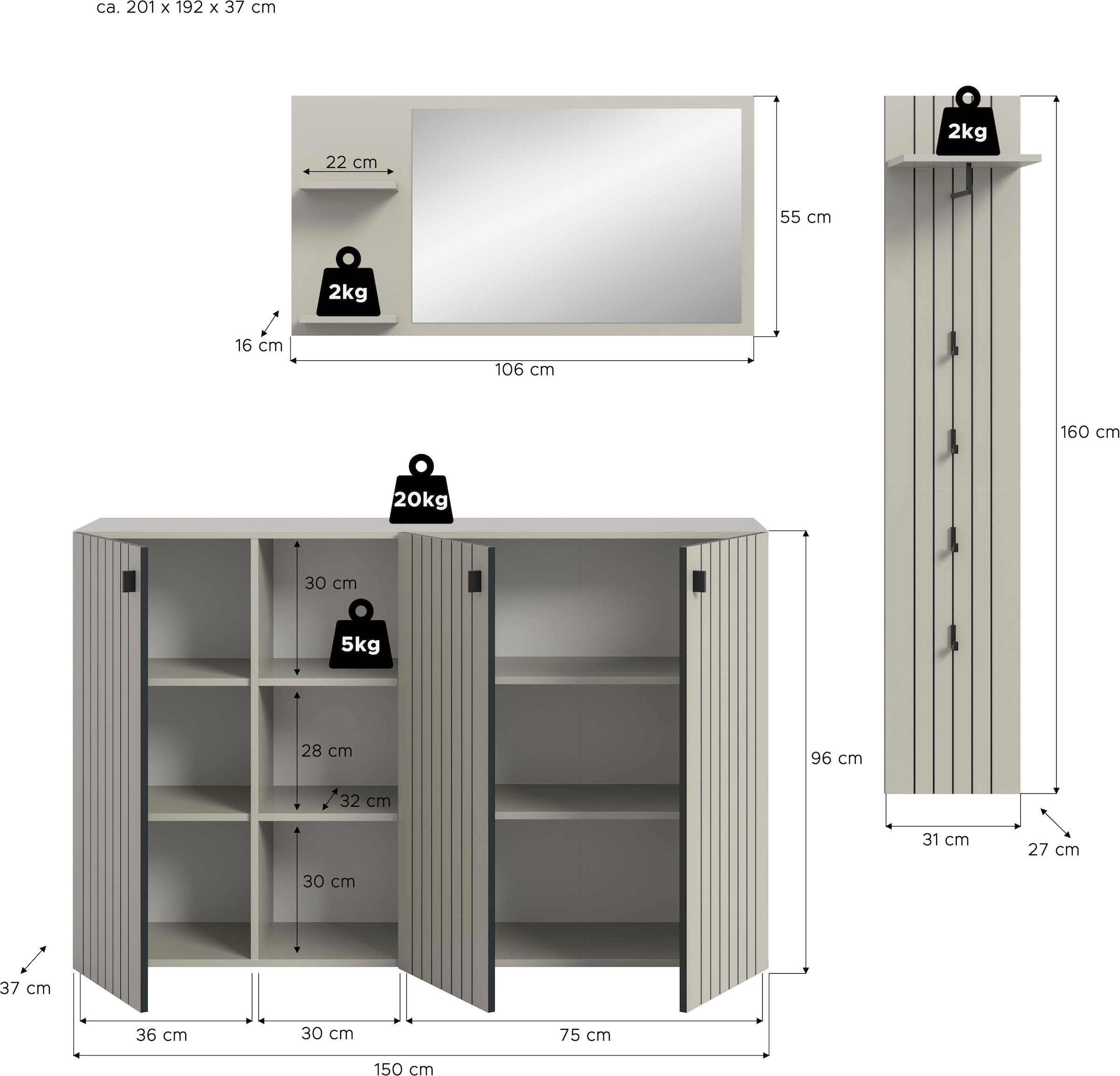 INOSIGN Garderoben-Set »TATIO, 3-tlg. Garderobenkombination, Breite: 201 cm, Rillenfräsung« Set, Set, best. aus: 1 Spiegel, 1 Garderobenpaneel, 1 Schuhkommode, 3 Stk. tlg.