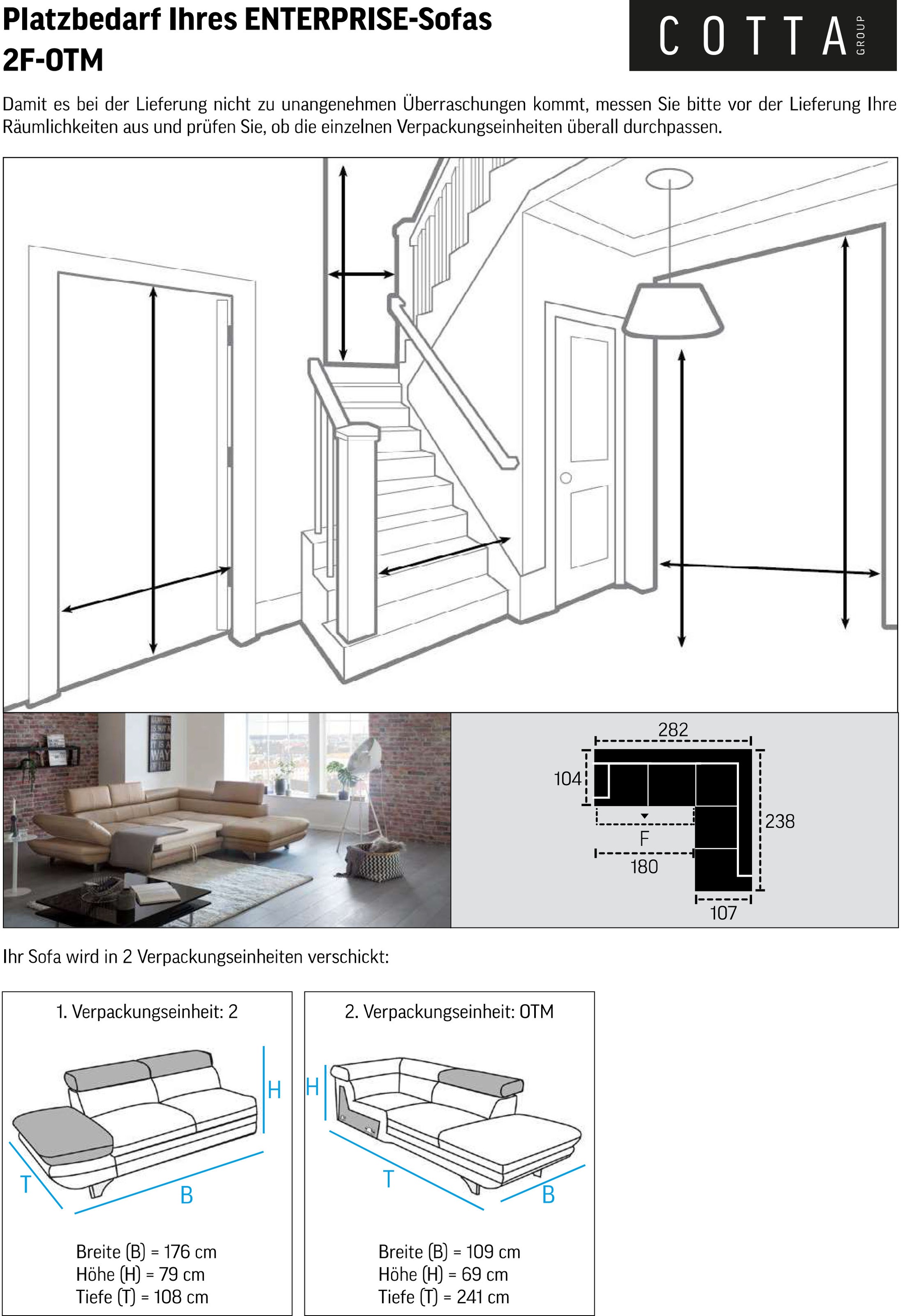 COTTA Ecksofa »Enterprise L-Form«, mit Arm- & Kopfteilverstellung, wahlweise mit Bettfunktion