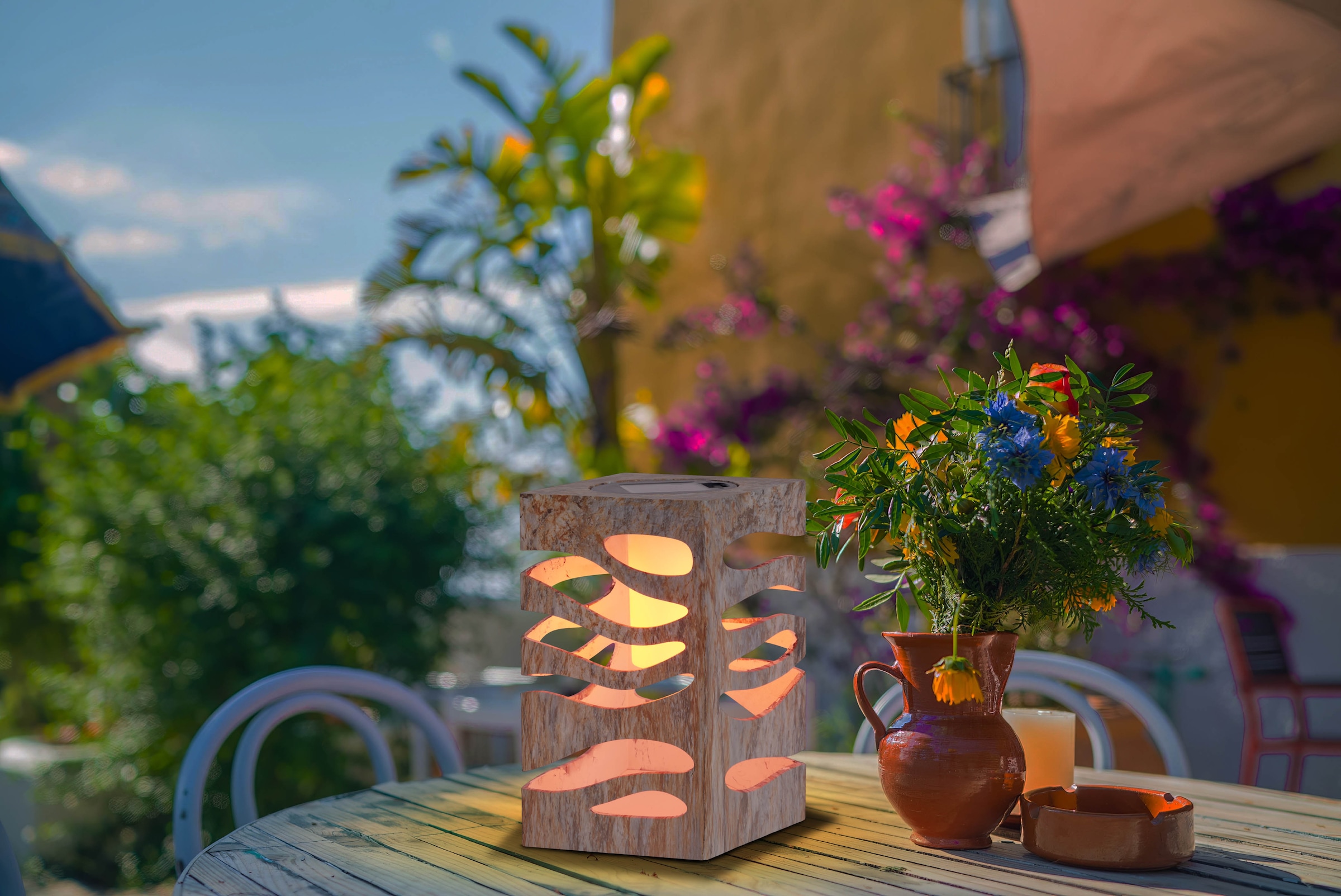 näve LED Solarleuchte »Hilda« LED-Modul 1 Stk. Warmweiß quadratisch, silber/beige Marmoroptik, Flammeneffekt, Dämmerungssensor