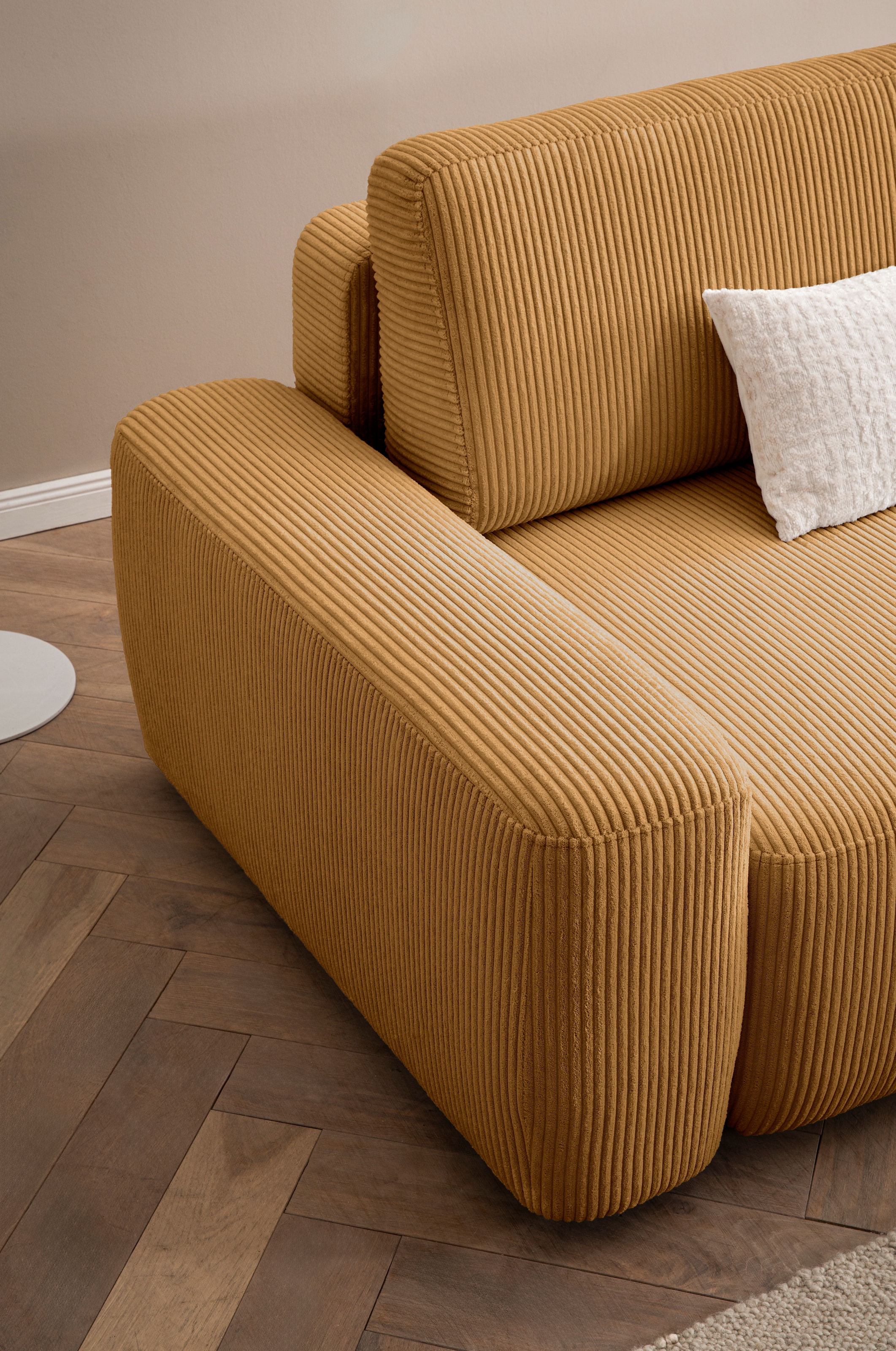 INOSIGN 3-Sitzer »TORGE (257cm), Sofa,Schlafsofa in Cord, Samtvelours, Struktur fein« rundes Design, Schlaffunktion u. Bettkasten, Liegefläche: 135/200 cm