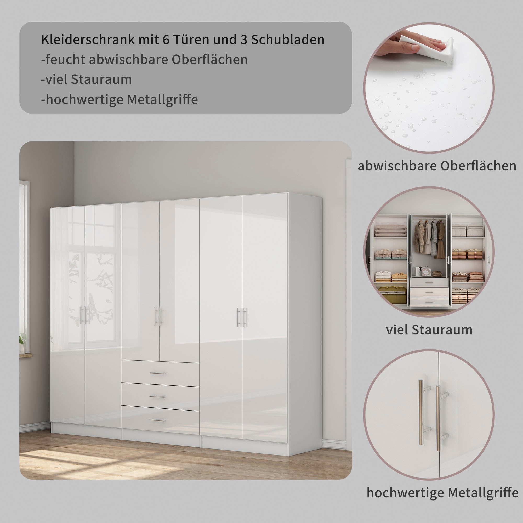 OTTO home Kleiderschrank »Trento Schlafzimmerschrank Garderobe hochglanz Bestseller« Schrank mit 6 Türen und 3 Schubladen, höchglänzende Fronten