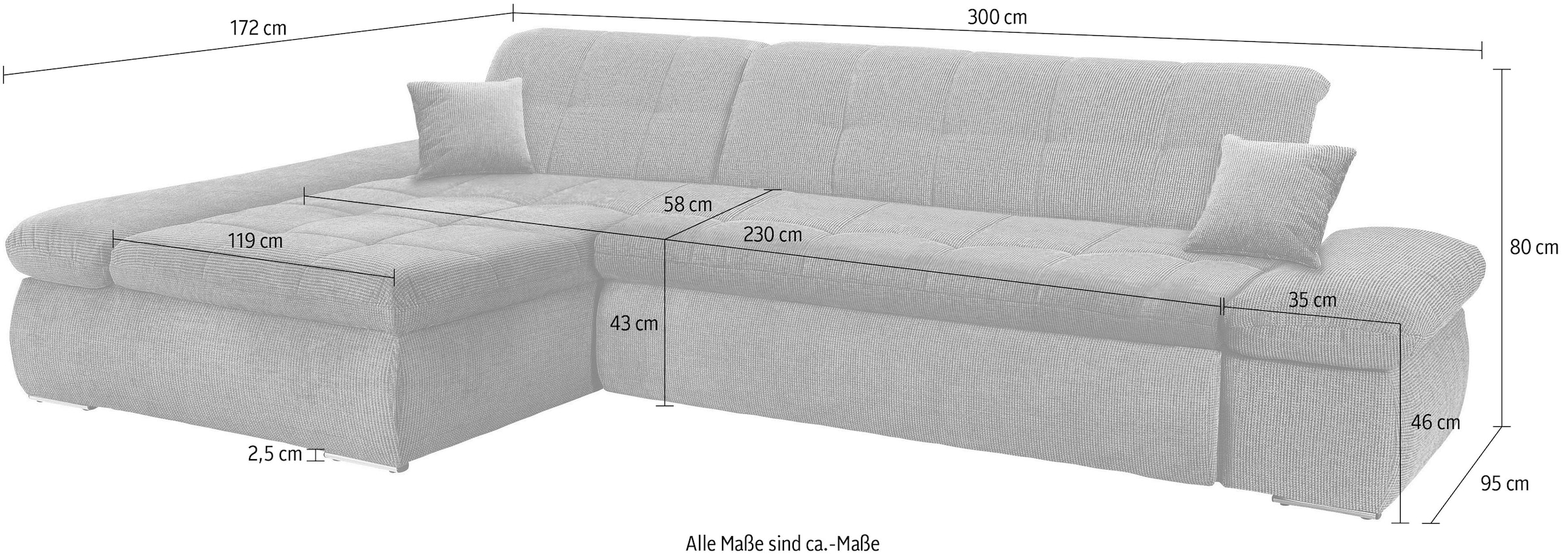 DOMO collection Ecksofa »NMoric XXL, B/T/H: 300/172/80cm, Revamierenabschluss L-Form«, wahlweise mit Bettfunktion und Armlehnverstel,lung