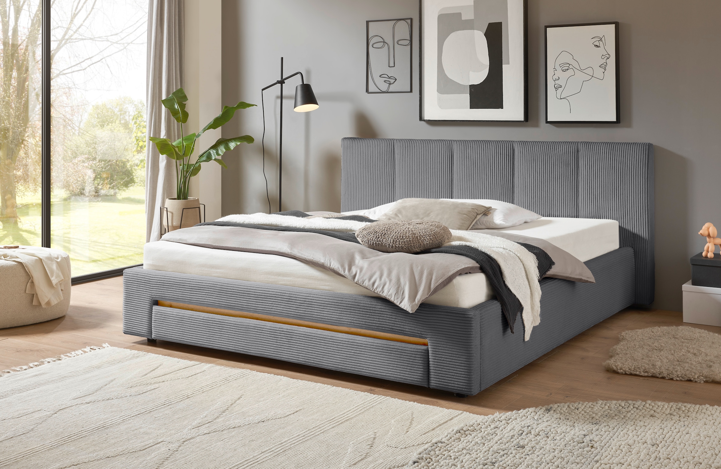 INOSIGN Polsterbett »CiTY/GiRON, Bettgestell mit Bettkasten, gepolstertes Stauraumbett«, mit Hundebett oder Stauraumschublade, Bezug Cord-oder Leinenoptik