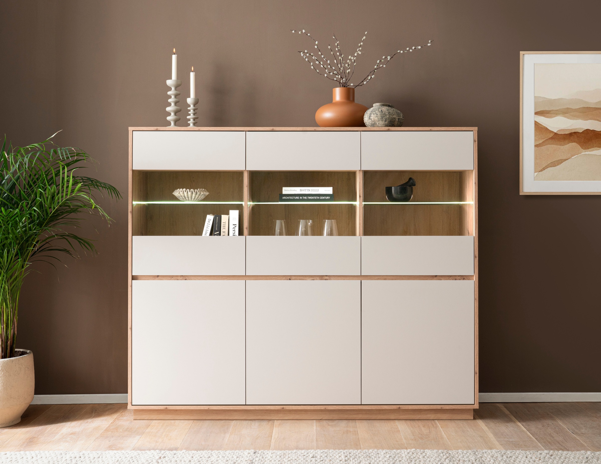 Home affaire Highboard "Sonora, moderner Schrank, Stauraumelement in Eiche Artisan, Kommode" filigrane Rahmenoptik, ausreichend Stauraum, vielseitig einsetzbar