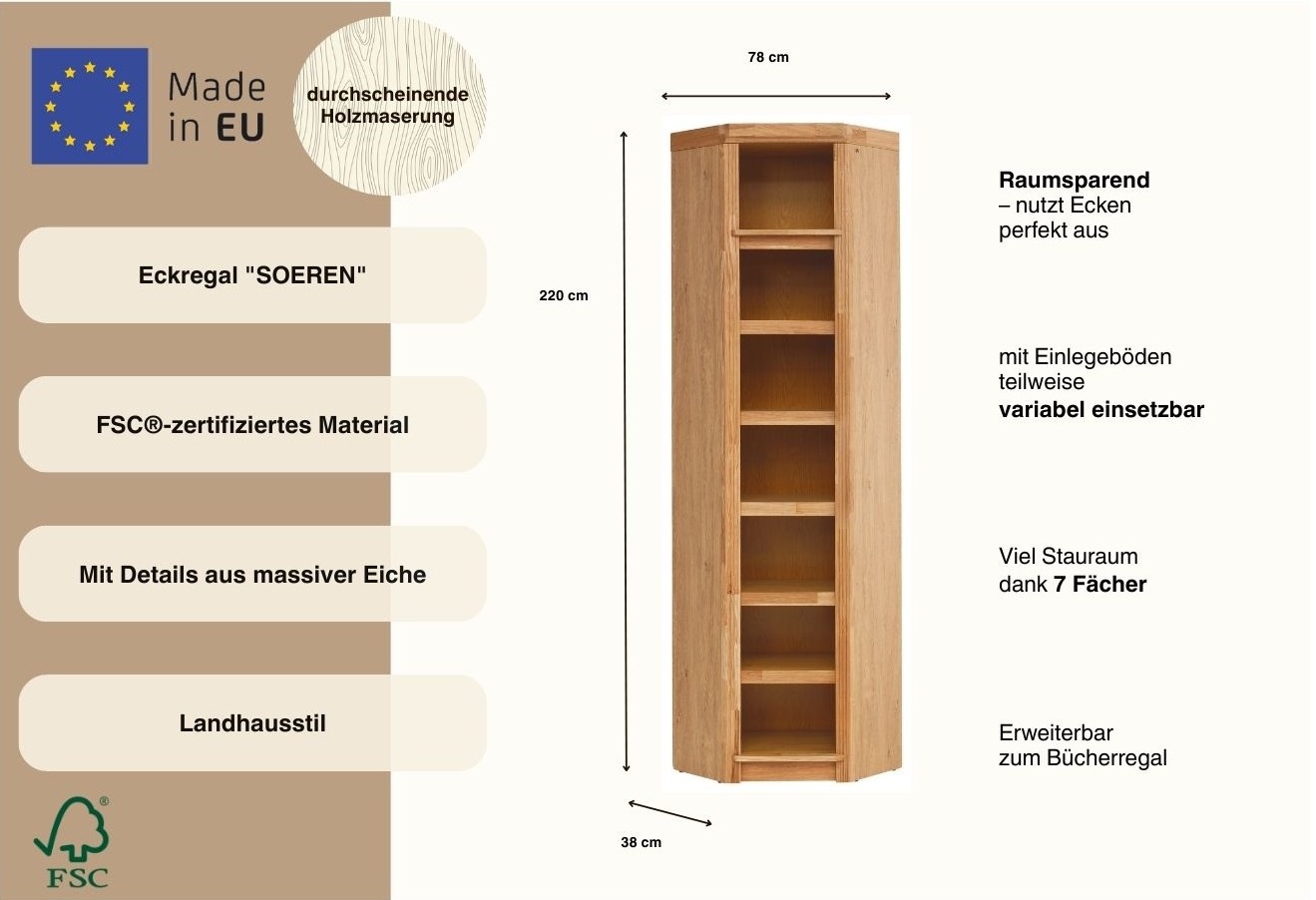 OTTO home Eckregal »Soeren Eiche Regal Höhe 220 cm, FSC®-zertifiziert« passend für Regale Soeren mit einer Tiefe von 29 cm