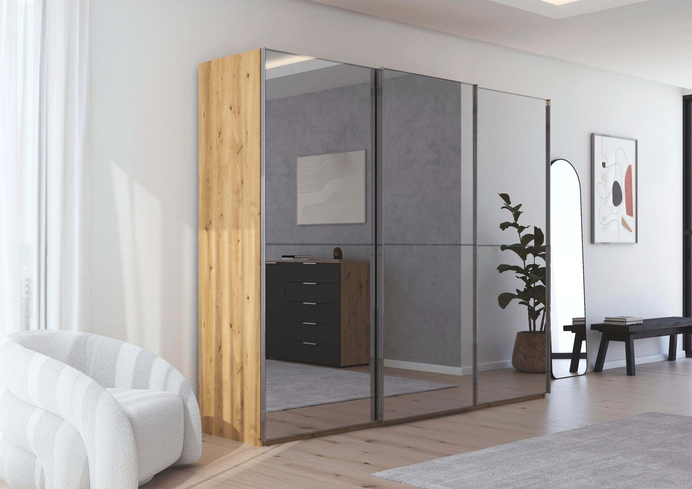 rauch Schwebetürenschrank »Kleiderschrank Schrank Garderobe Schlafzimmerschrank SCALE-DUO«, edle zweigeteilte Türen Spiegelfront und 3 Zierleisten MADE IN GERMANY