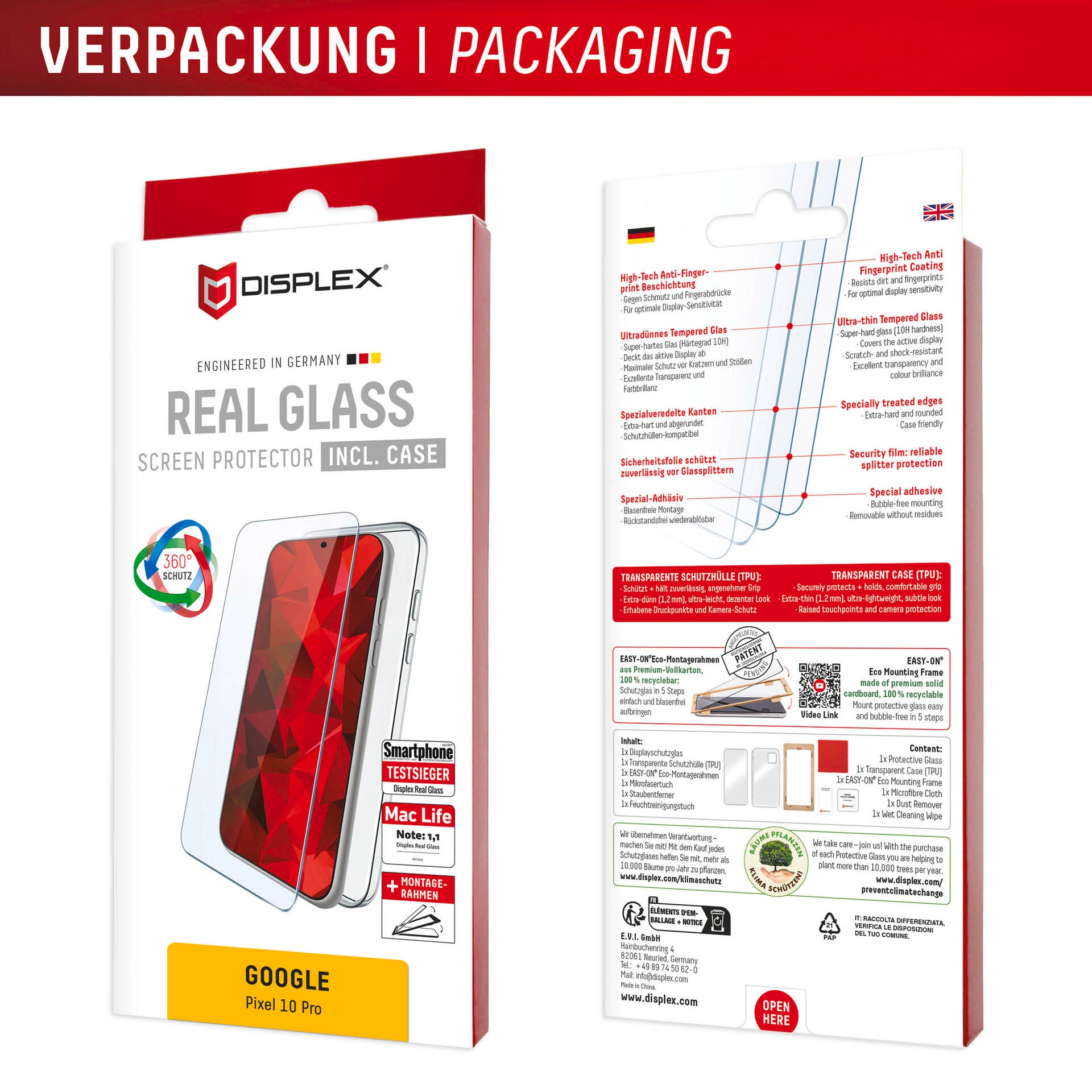 Displex Displayschutzglas »Real Glass Screen Protector inklusive Case« für Google Pixel 10 Pro