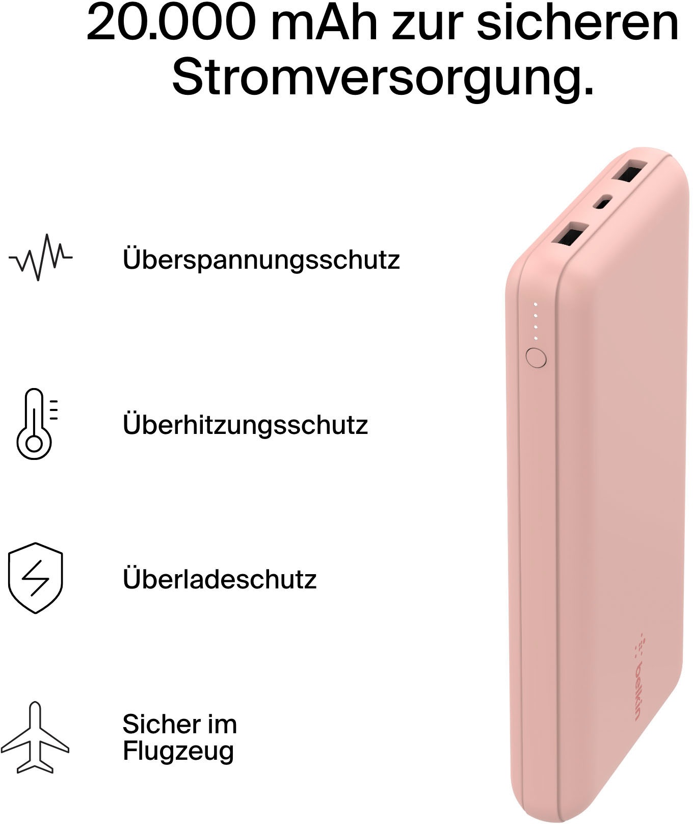 Belkin Powerbank »BoostCharge 20.000mAh Powerbank 15 Watt zum Laden von 3 Geräten«, 1x USB-C, 2x USB-A, Power für bis zu 78 Stunden