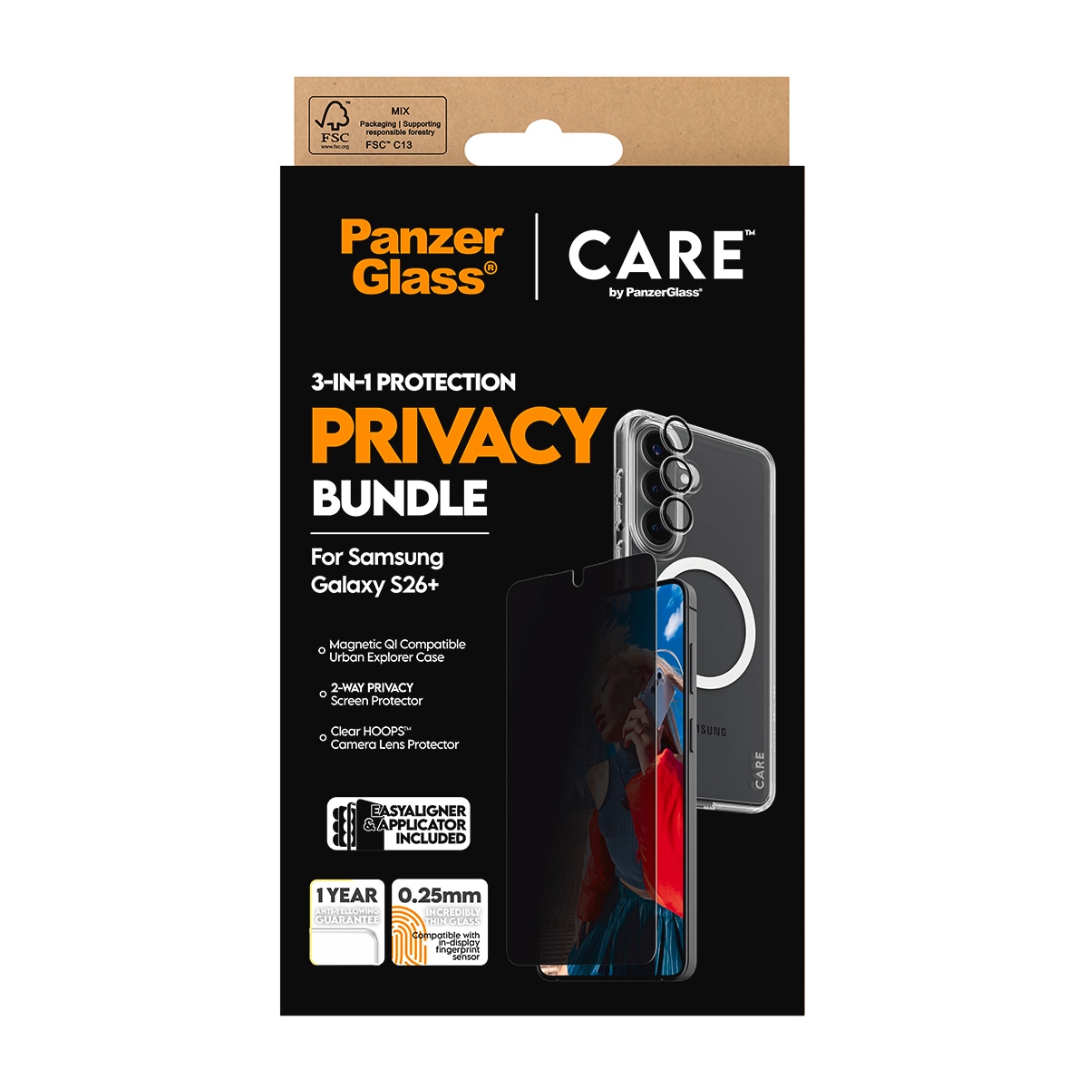 CARE by PanzerGlass Displayschutzglas »3-in-1 Protection Privacy Bundle« für Samsung Galaxy S26+ Displayschutzfolie, Schutzfolie, Bildschirmschutz, kratz- & stoßfest