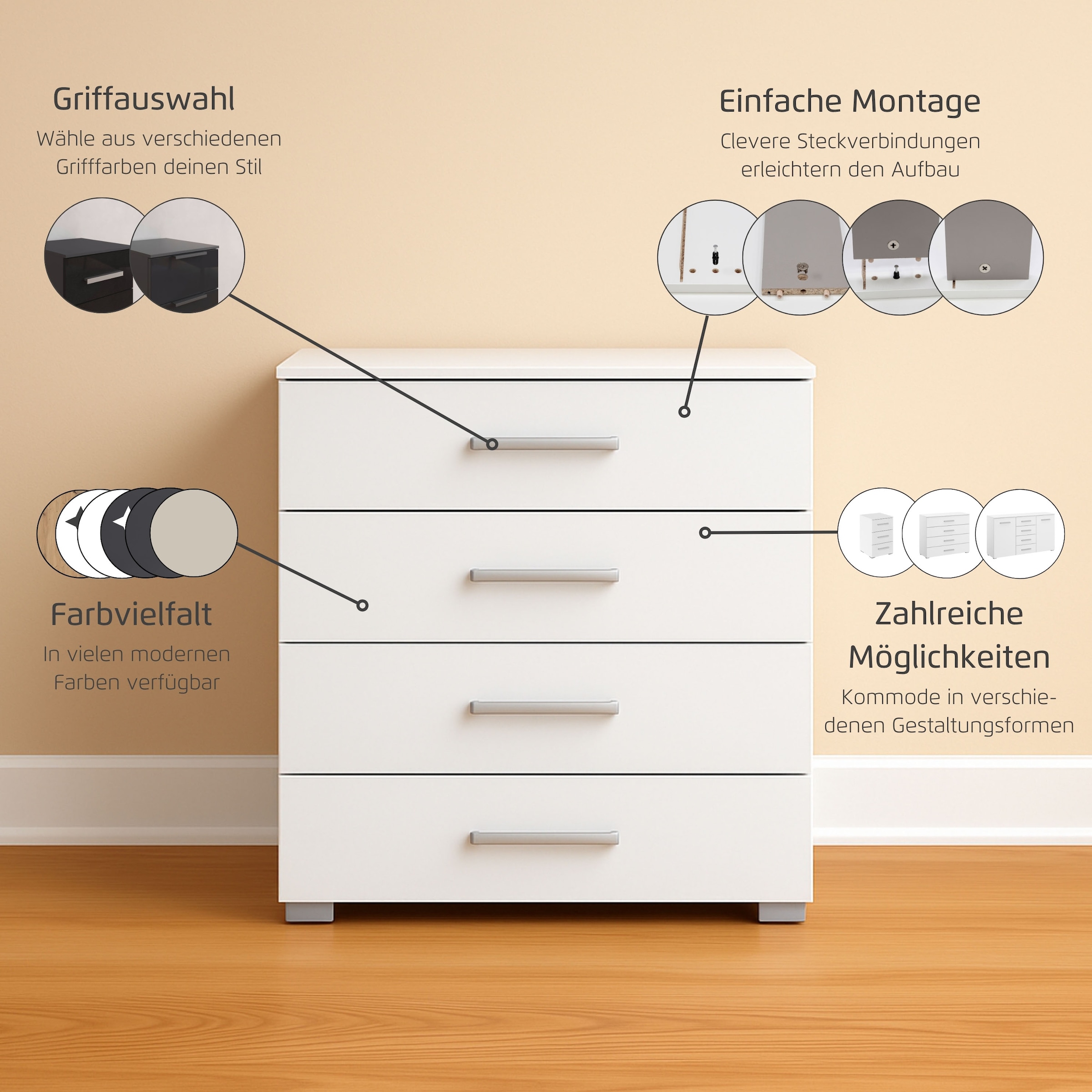 rauch Schubkastenkommode »Sideboard Kommode Schubkastenkommode KOLUNA mit Glasfront«, (Breite 80 cm), vier große und geräumige Schubladen mit viel Stauraum MADE IN GERMANY